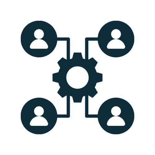 Icons of four people connected to a gear symbol, representing teamwork or collaboration.