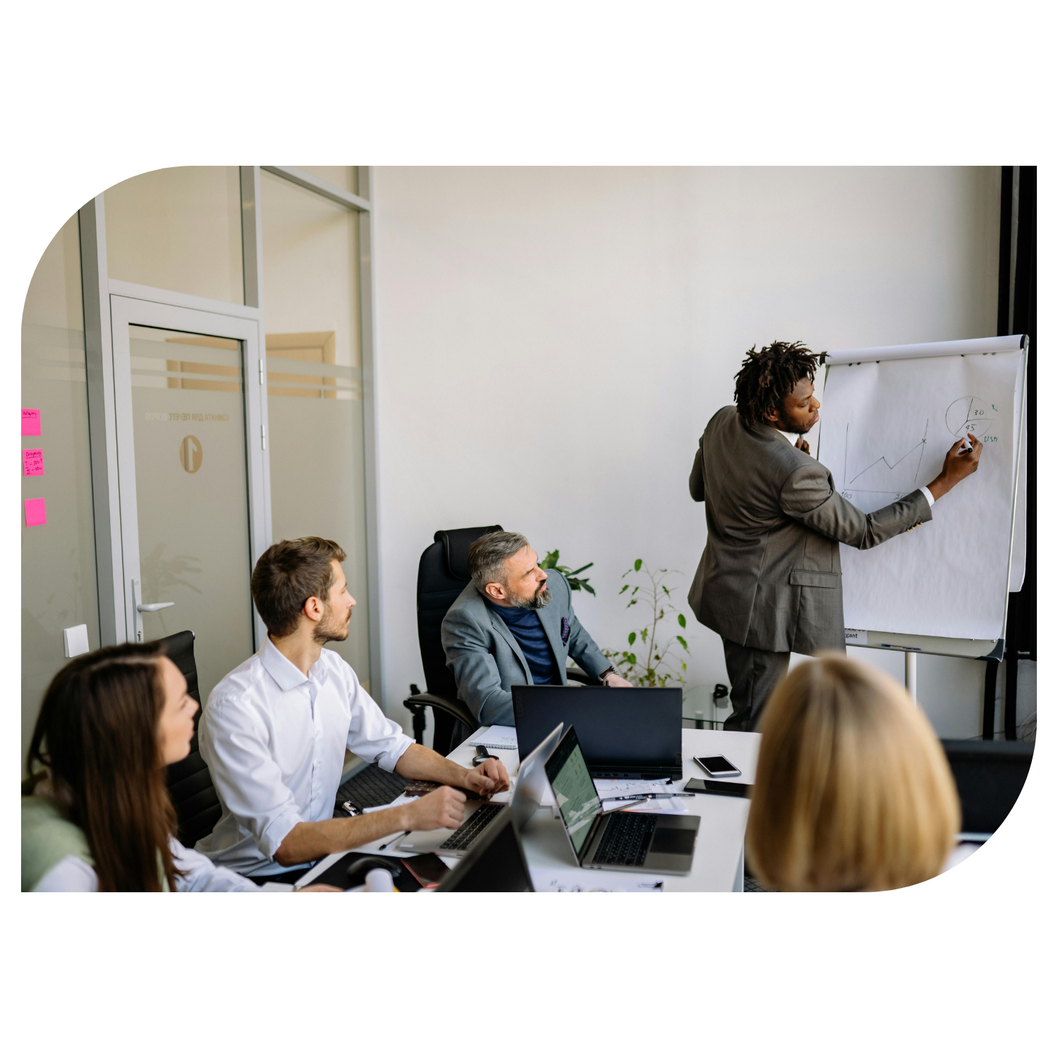 Business meeting with a man giving a presentation on a whiteboard to colleagues sitting at a table with laptops.