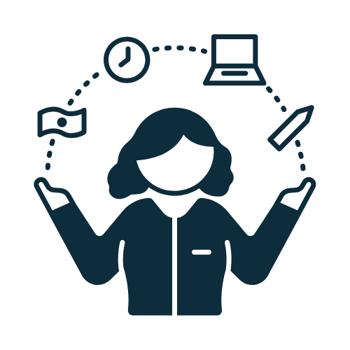A person with short hair surrounded by icons of a flag, a clock, a laptop, and a pencil, indicating multitasking or balancing responsibilities.