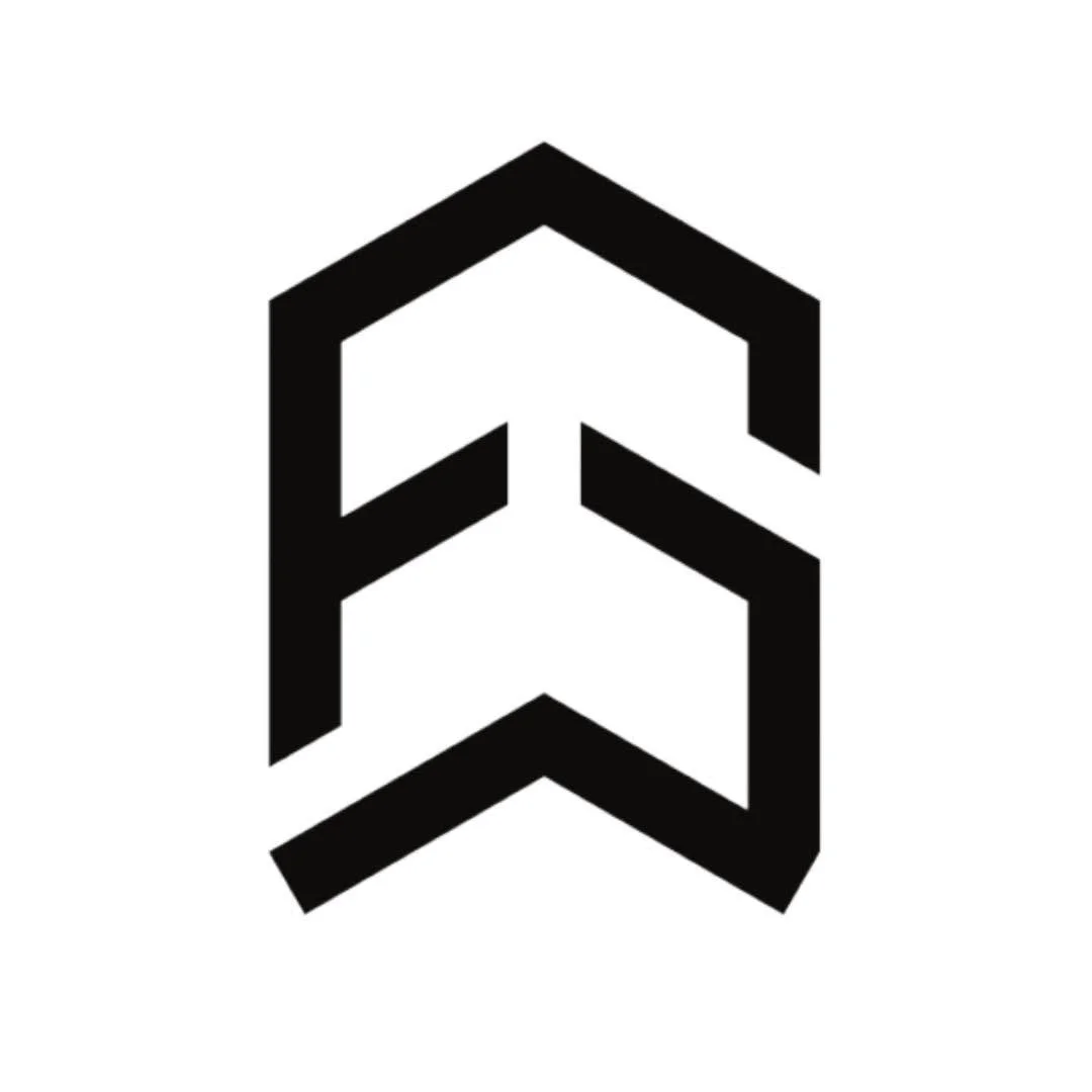 Black and white geometric arrow design pointing upward with three stacked arrows within a hexagon shape.
