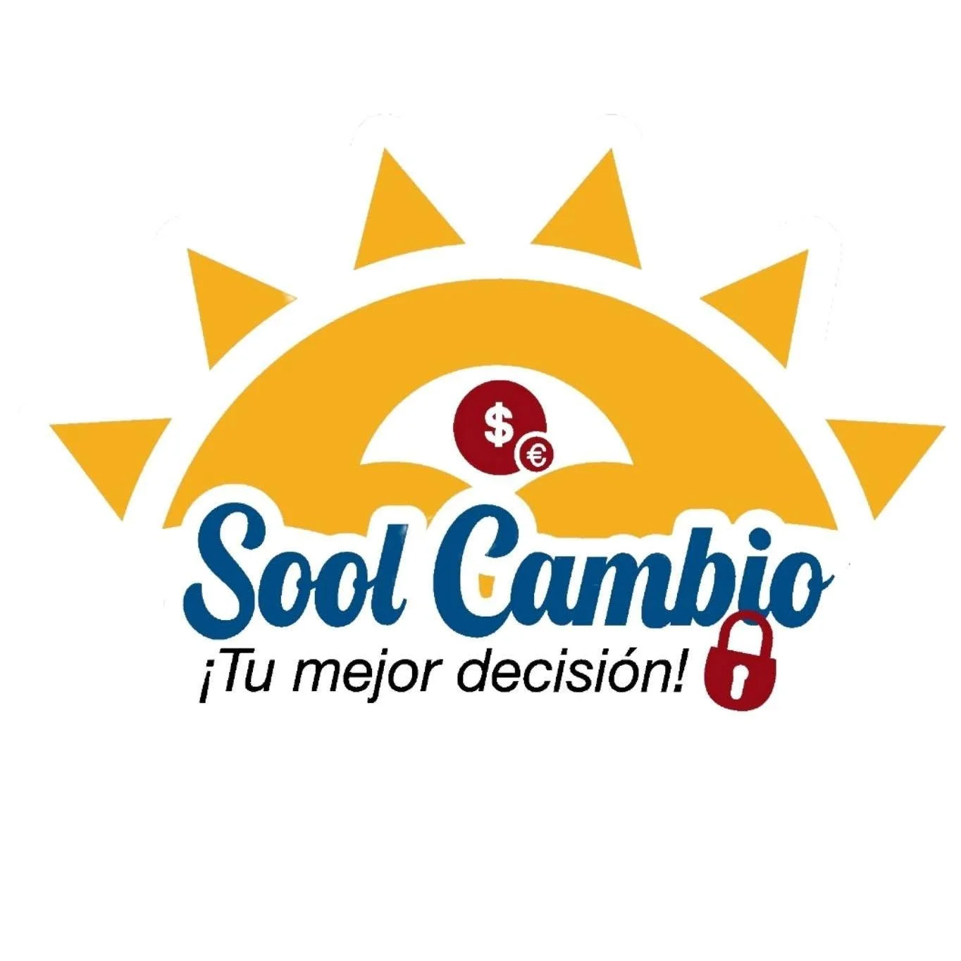 Logo for Sool Cambio featuring a stylized sun with rays and a dollar sign, euro sign, and peso sign, with the banner '¡Tu mejor decisión!' and a padlock icon.