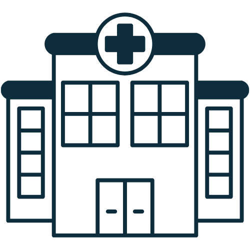 Icon of a hospital building with a cross symbol at the top.