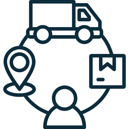 An icon of a delivery truck, a location pin, a person, and a package, representing delivery or logistics.