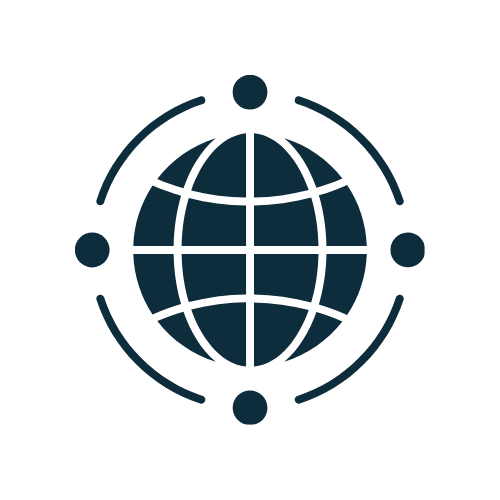 Icon of a globe with four dots surrounding it representing global connectivity.