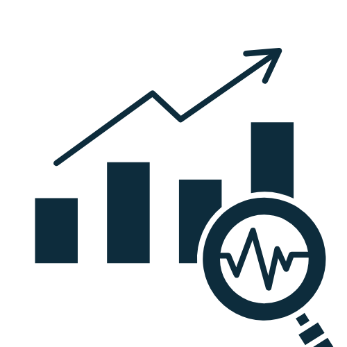 A bar graph with four bars increasing in height from left to right, a line graph showing upward trend above the bars, and a magnifying glass with a heartbeat line indicating health or analysis.