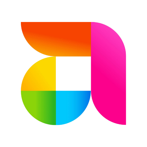 Colorful stylized letter 'G' design with segments in orange, pink, yellow, green, and blue