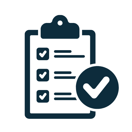 Icon of a clipboard with checkmarks and a large checkmark inside a circle.