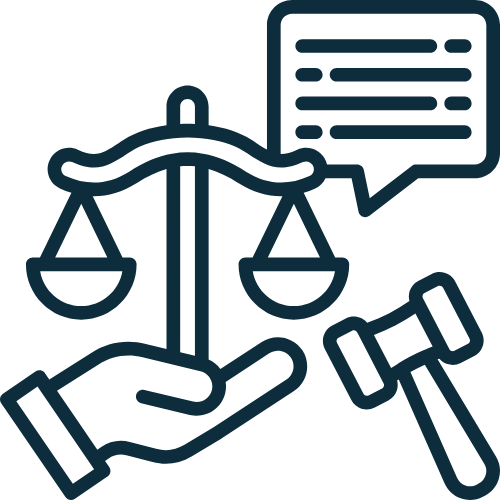 Outline of a hand holding scales, a speech bubble with text, and a gavel, all representing law or justice.