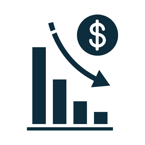 A declining bar chart with a downward arrow and a dollar sign, representing a decrease in financial value or revenue.