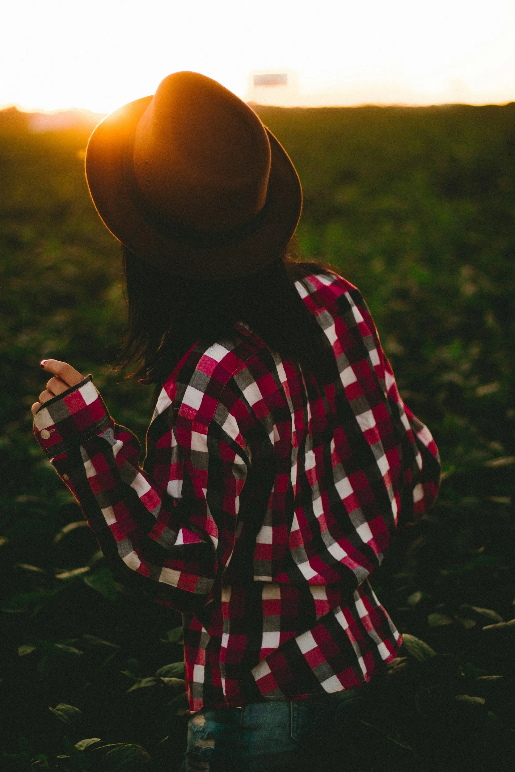 Person wearing a wide-brimmed hat and a checkered red, black, and white shirt, standing outdoors at sunset in a field.