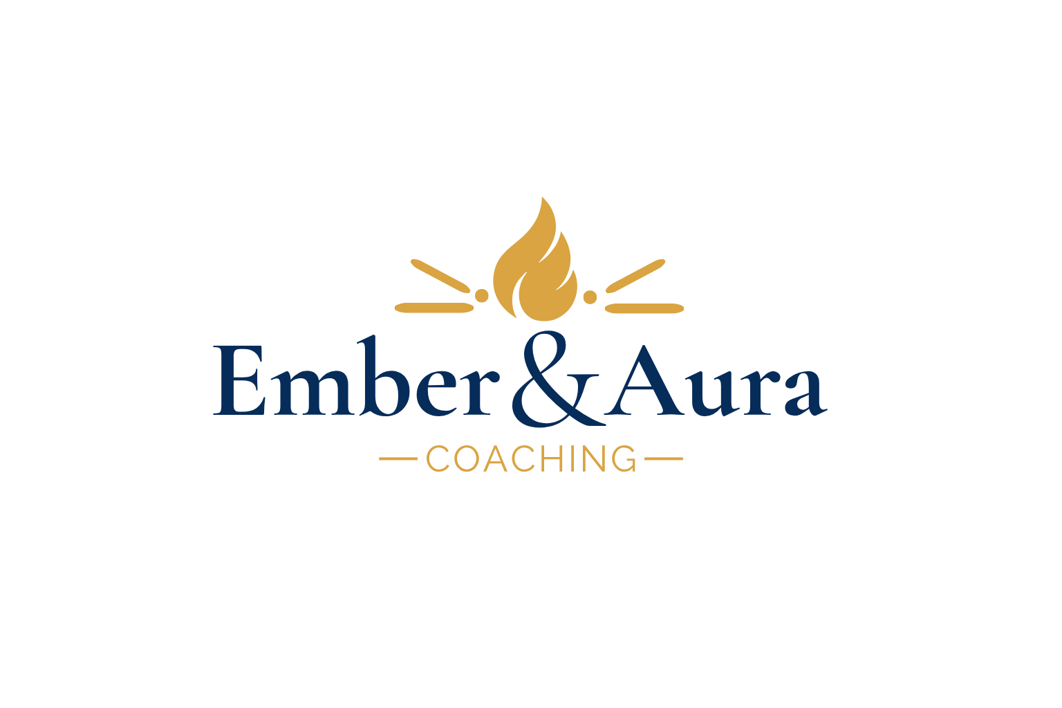 Logo for Ember & Aura Coaching featuring a stylized gold flame above the text, with 'Ember & Aura' in dark blue and 'COACHING' in gold beneath, separated by horizontal lines.