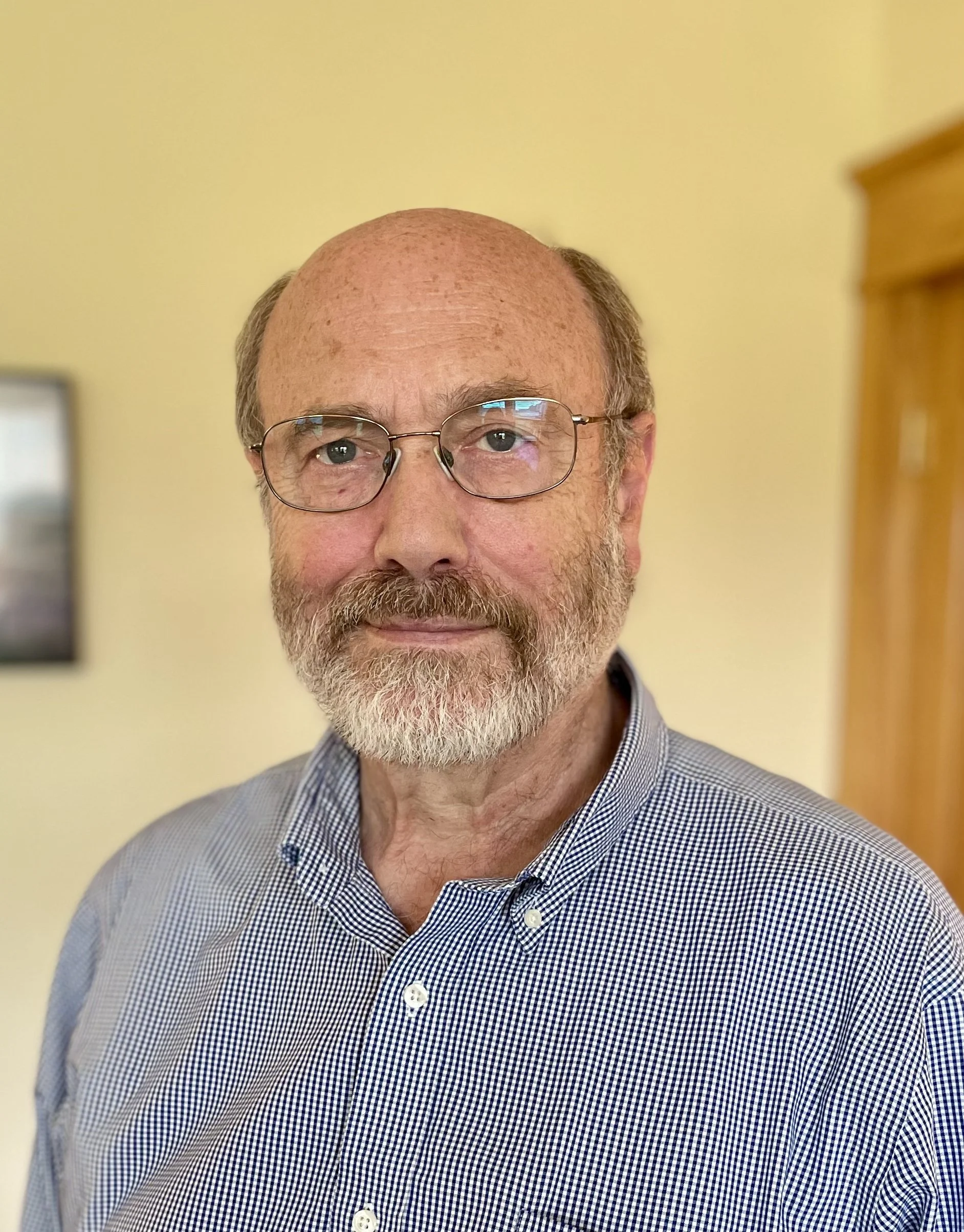 Close-up photo of a middle-aged man with glasses, a beard, and balding head, wearing a checkered shirt, standing in a room with a yellow background.