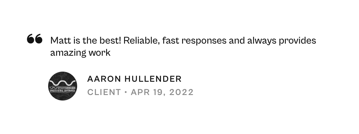 Customer testimonial with quote, client avatar, client name Aaron Hullender, date April 19, 2022, and company logo of Voobies Brothers Apparel.