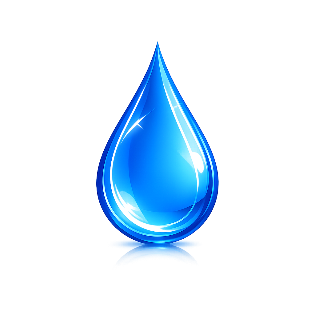 A large, shiny blue water droplet with reflections and highlights, positioned over a blue background.