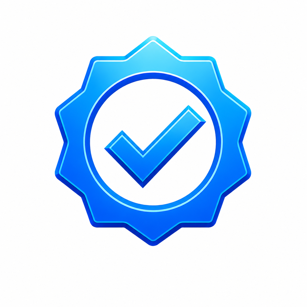 Blue badge with a check mark in the center, indicating approval or verification.