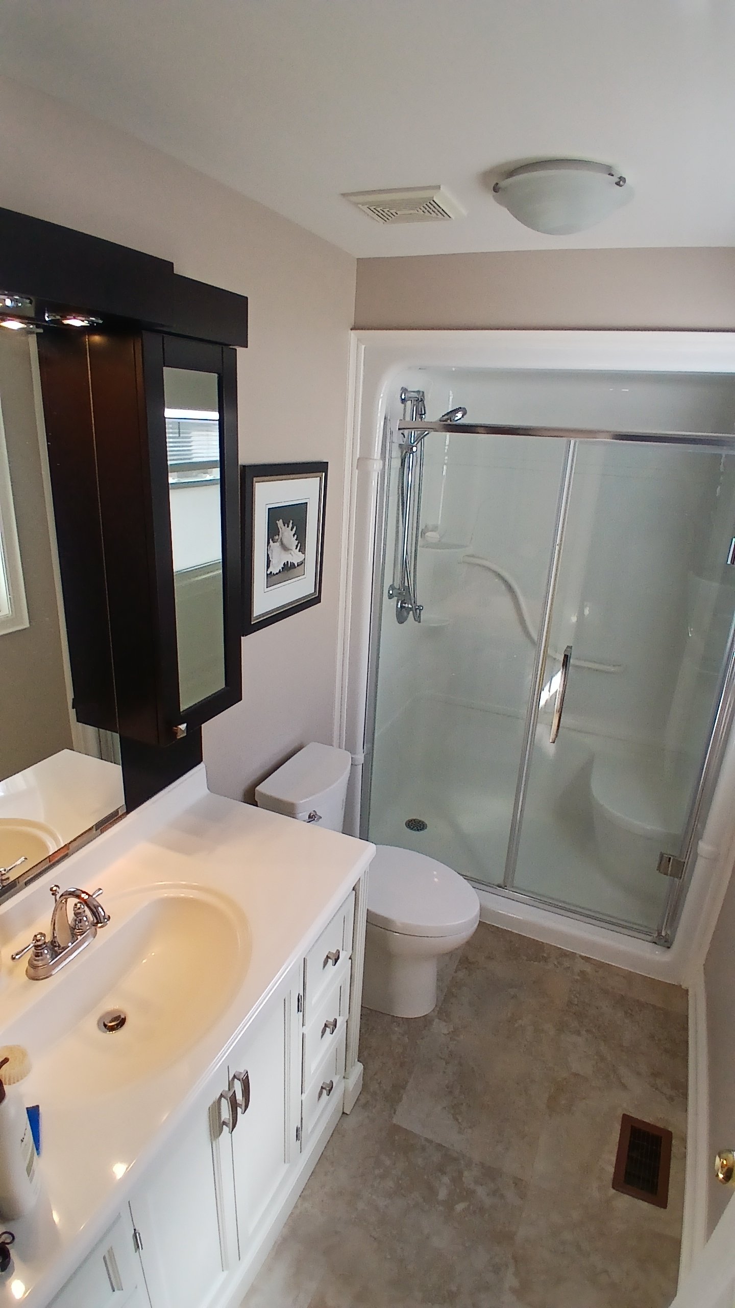 A small bathroom with a white vanity, black medicine cabinet, and framed picture on the wall. There is a toilet and a glass shower stall with a sliding door. The ceiling has a light fixture, an air vent, and a bathroom exhaust fan.