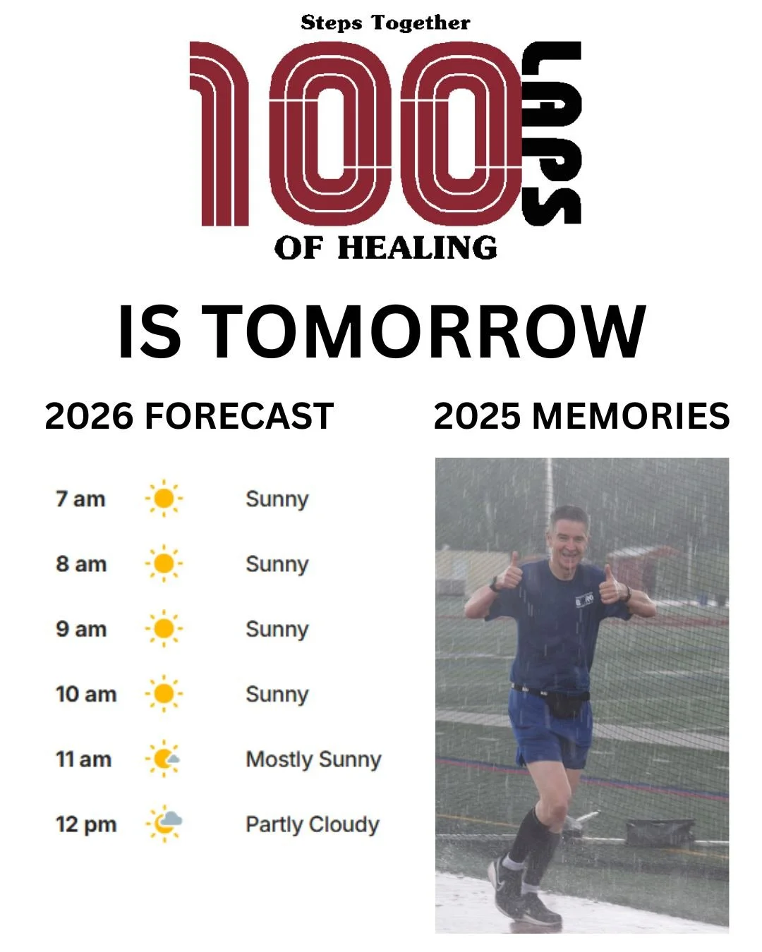 If you are looking for a sign, check out tomorrow's forecast. 

Join Steps Together tomorrow at the HHS track. Come together as a community, raise awareness, and remind local families facing a medical crisis that they are not alone.

runsignup.com/Ra