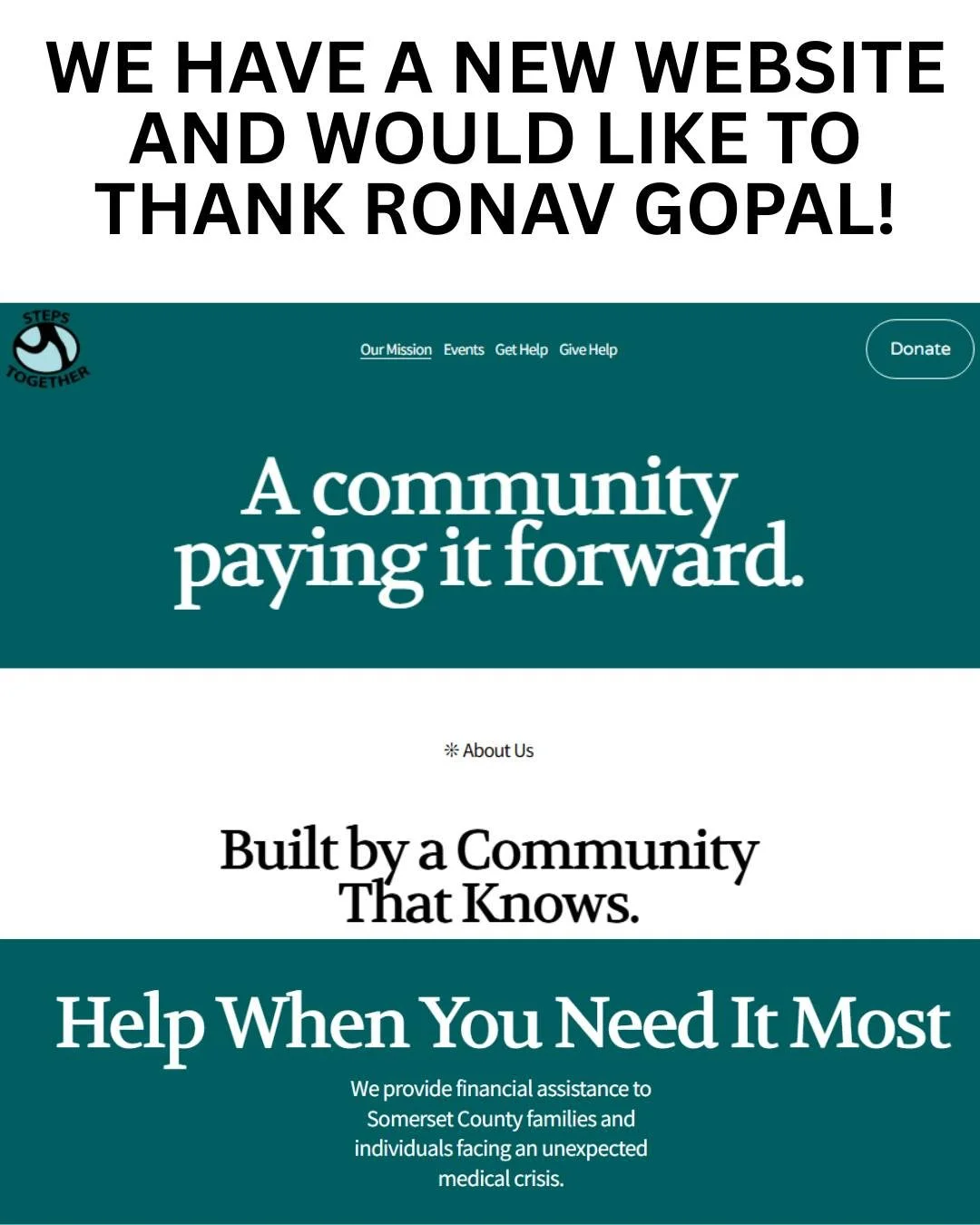 A huge THANK YOU to Ronav Gopal, a rising Hillsborough High School 10th grader, for generously volunteering his time and talent to give the Steps Together website a fresh new look!

After more than a decade of making a difference for local families f