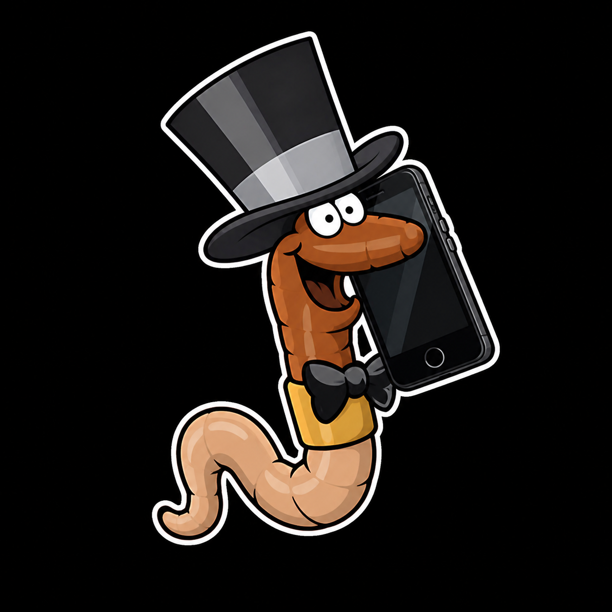 A cartoon worm wearing a top hat, bow tie, and yellow vest, holding a smartphone, set against a black background.
