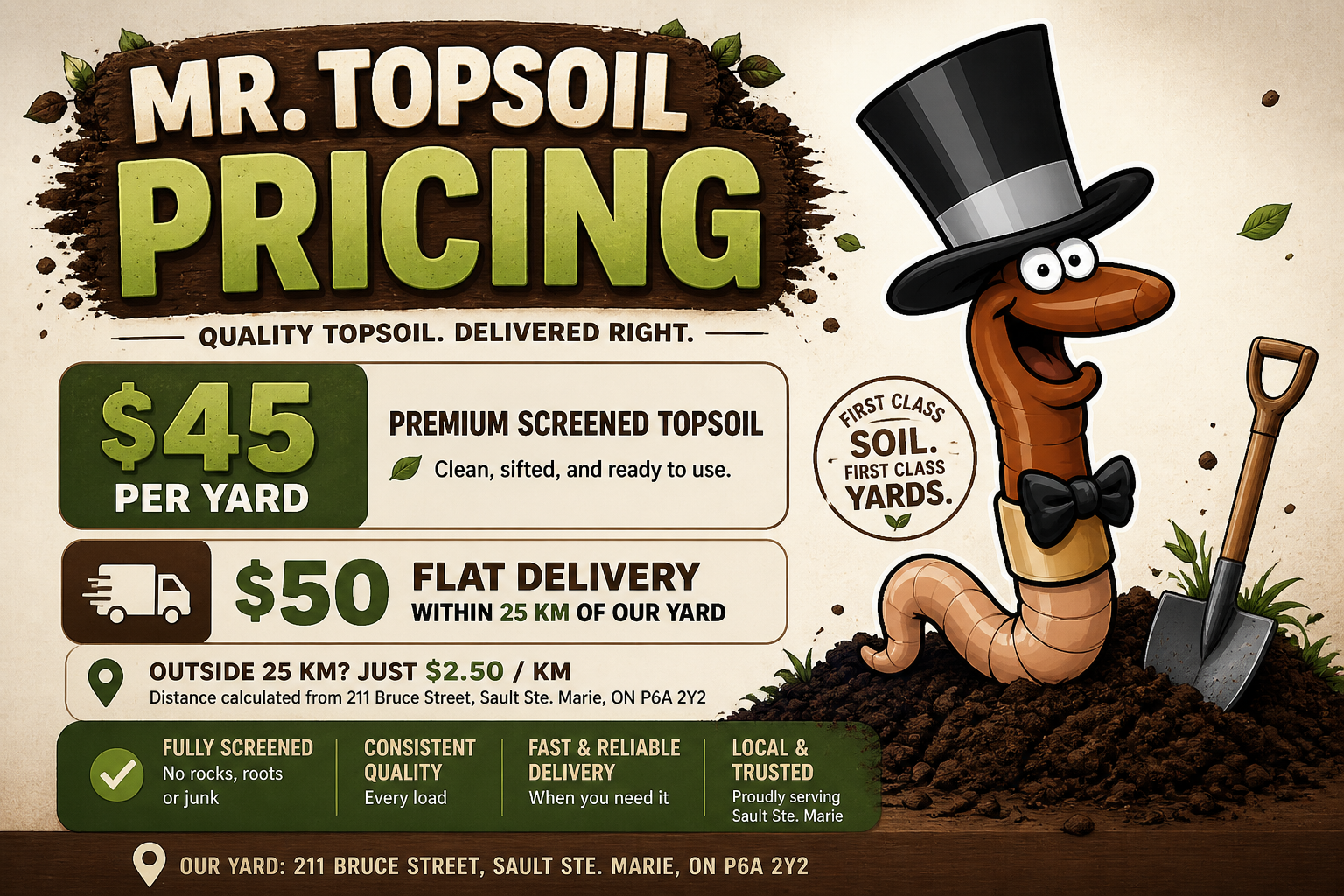 Advertisement for Mr. Topsoil Pricing featuring a cartoon worm character in a top hat and bow tie, shoveling topsoil with a shovel, details on yard pricing, delivery, and quality of topsoil.