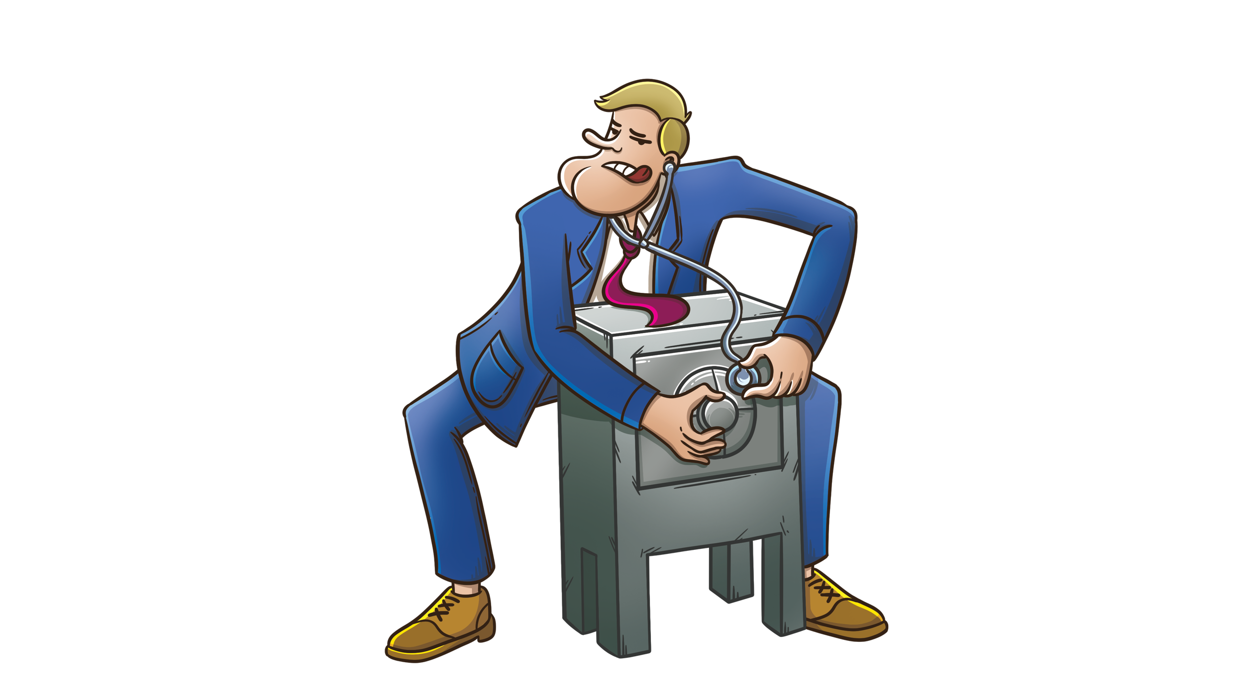 A man in a blue suit trying to open a safe but can't