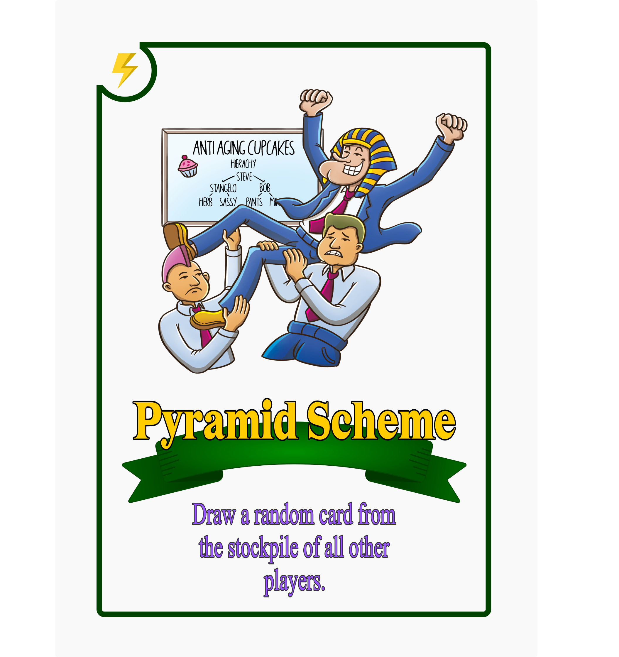 A playing card showing a man in a pharaoh hat crowd surfing due to his pyramid scheme