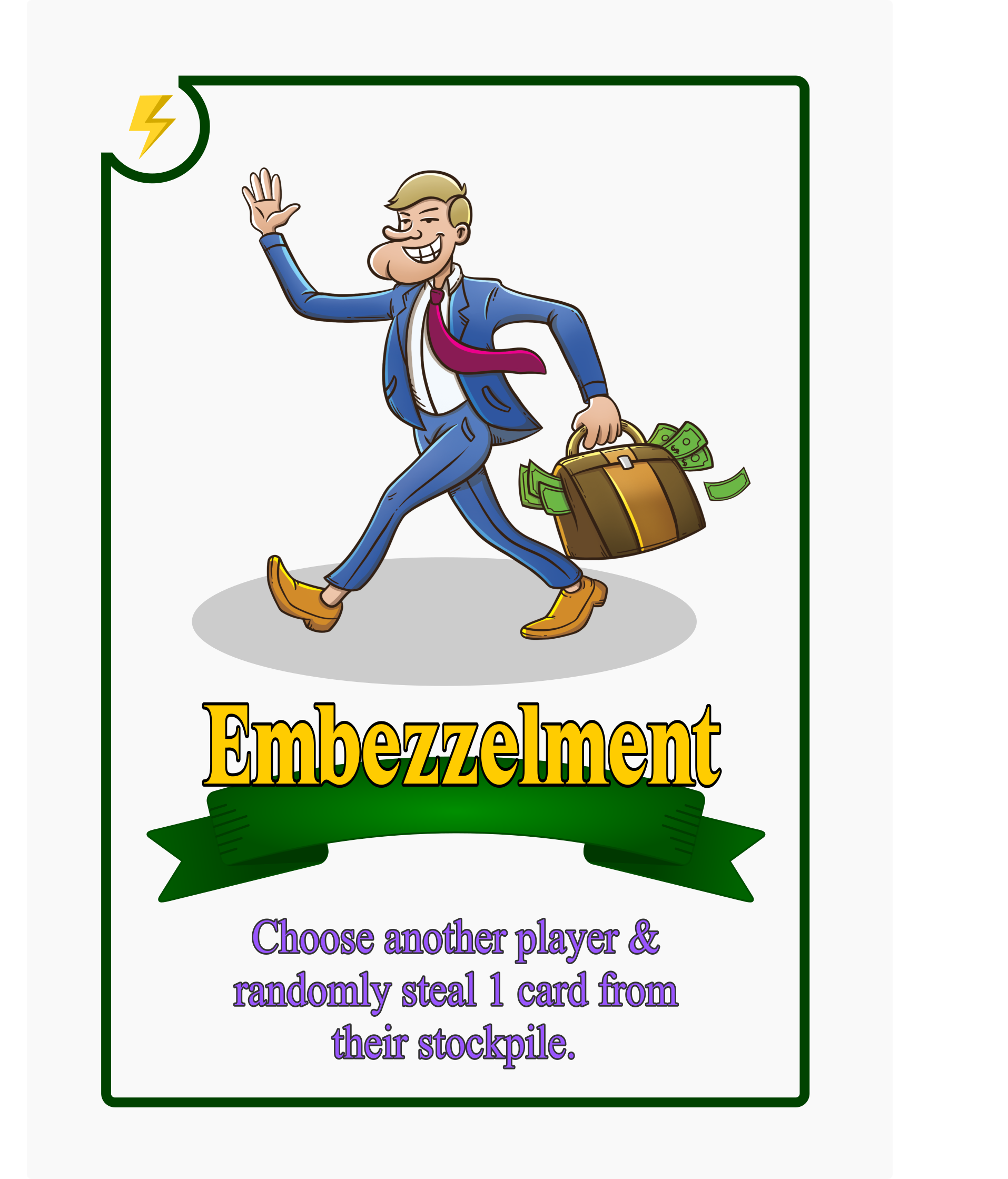 A playing card showing a guy embezzling money in a suitcase