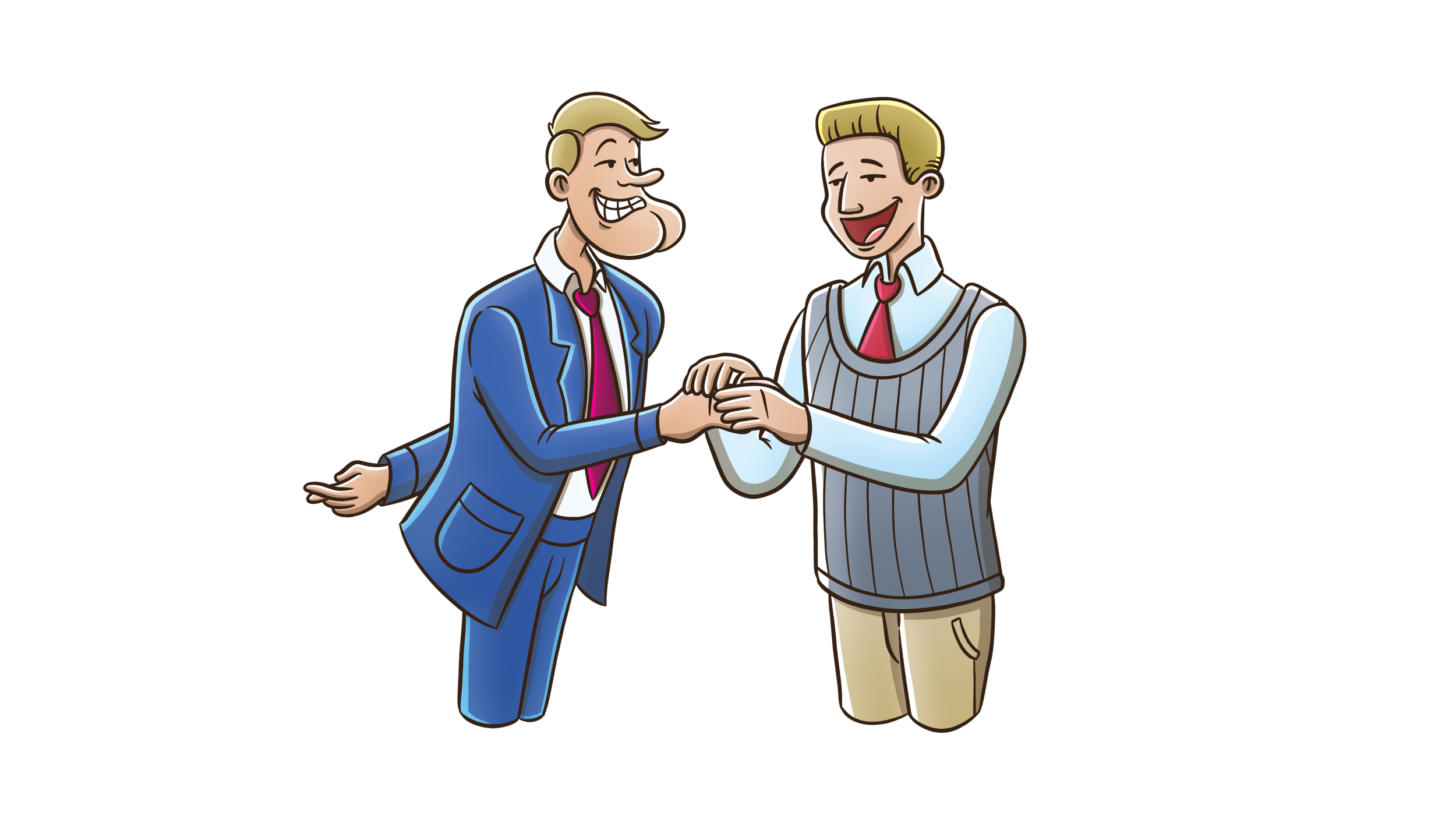 Man in blue suit, scheming, or planning, to betray the person he's shaking hands with by crossing his fingers behind his back