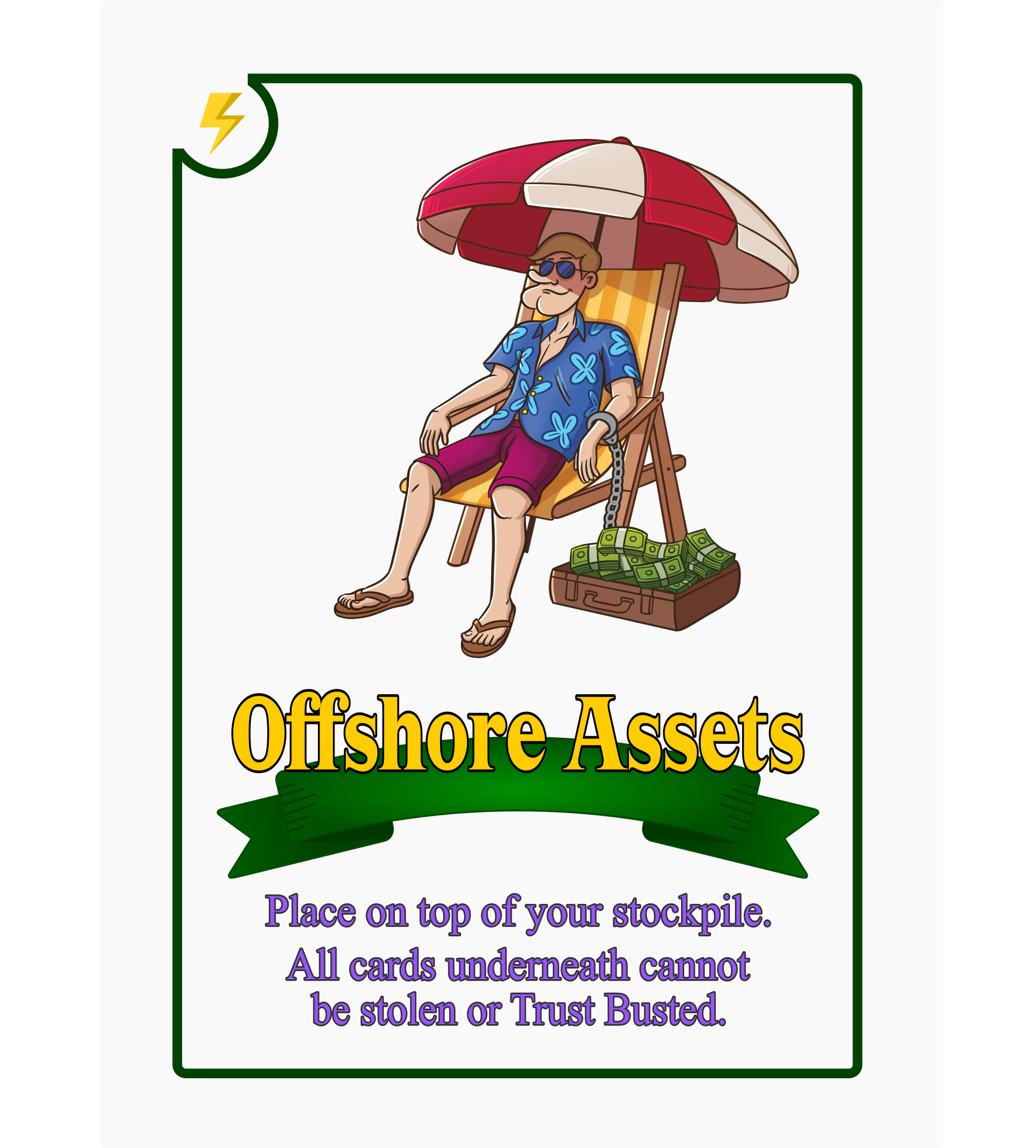 A playing card showing a guy in a blue Hawaiian shirt sitting on a beach with a suitcase of money hand cuffed to him