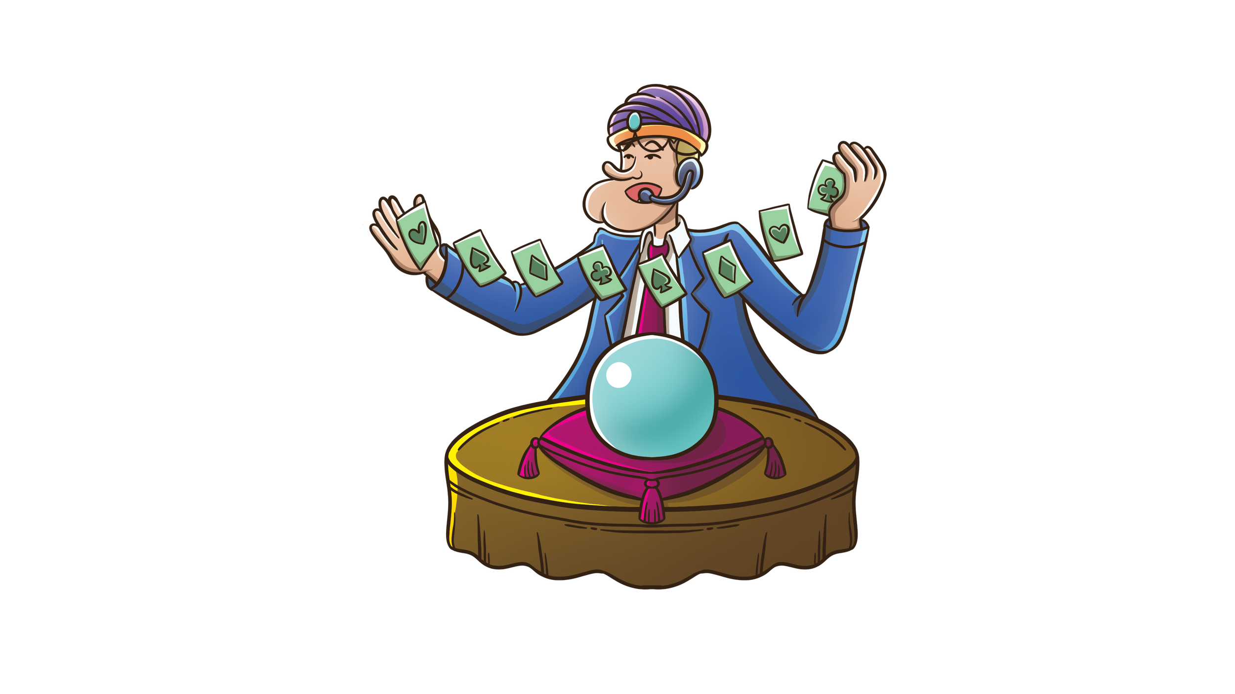 Fortune Teller scam artist with a crystal ball and a deck of cards