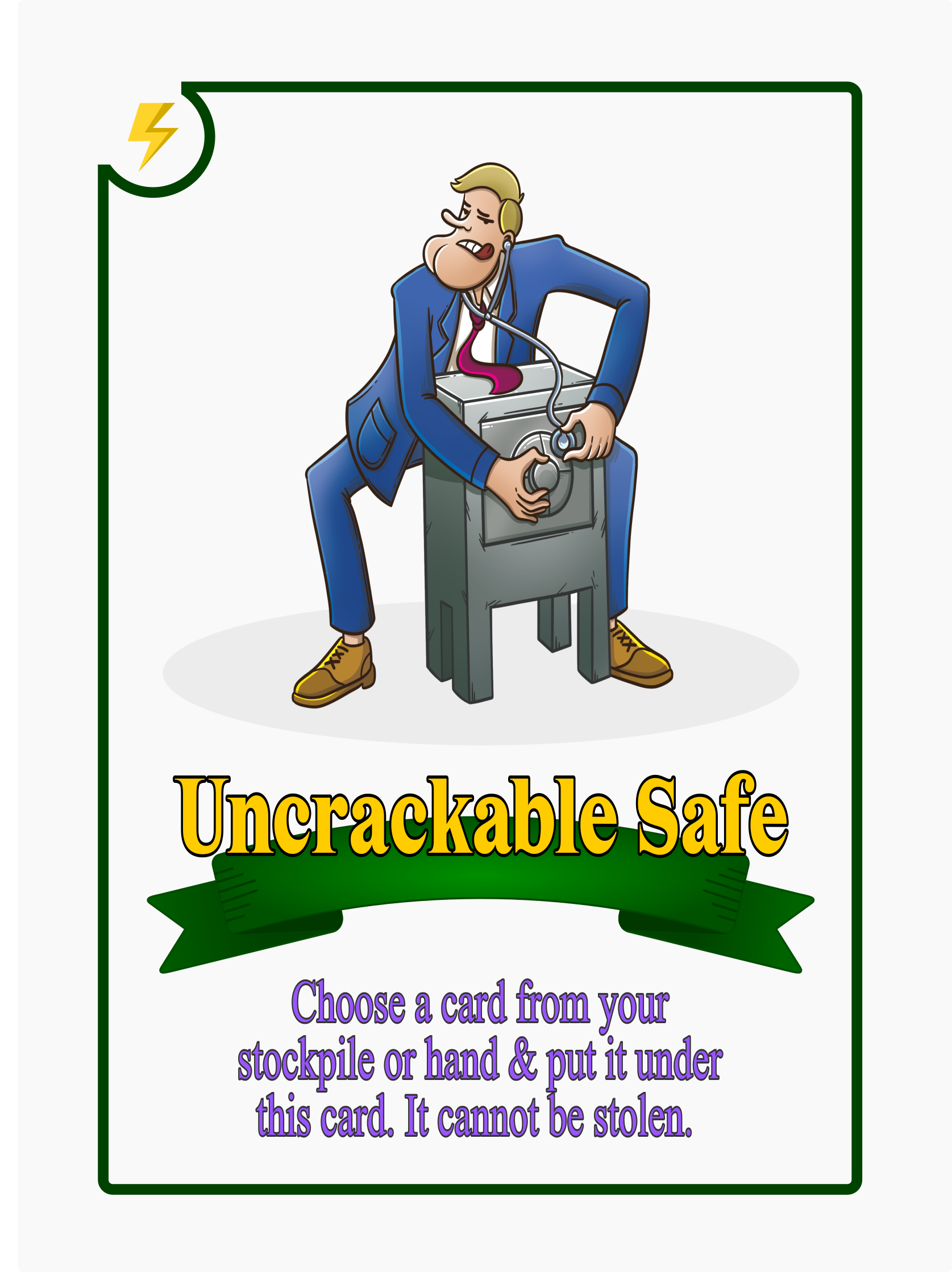 a playing card showing a guy trying to open a safe but can't