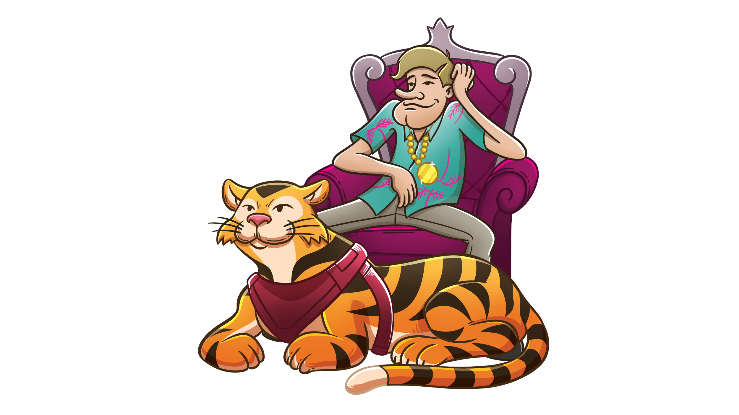 Man in a Hawaiian shirt sitting on a red throne/chair with a pet tiger