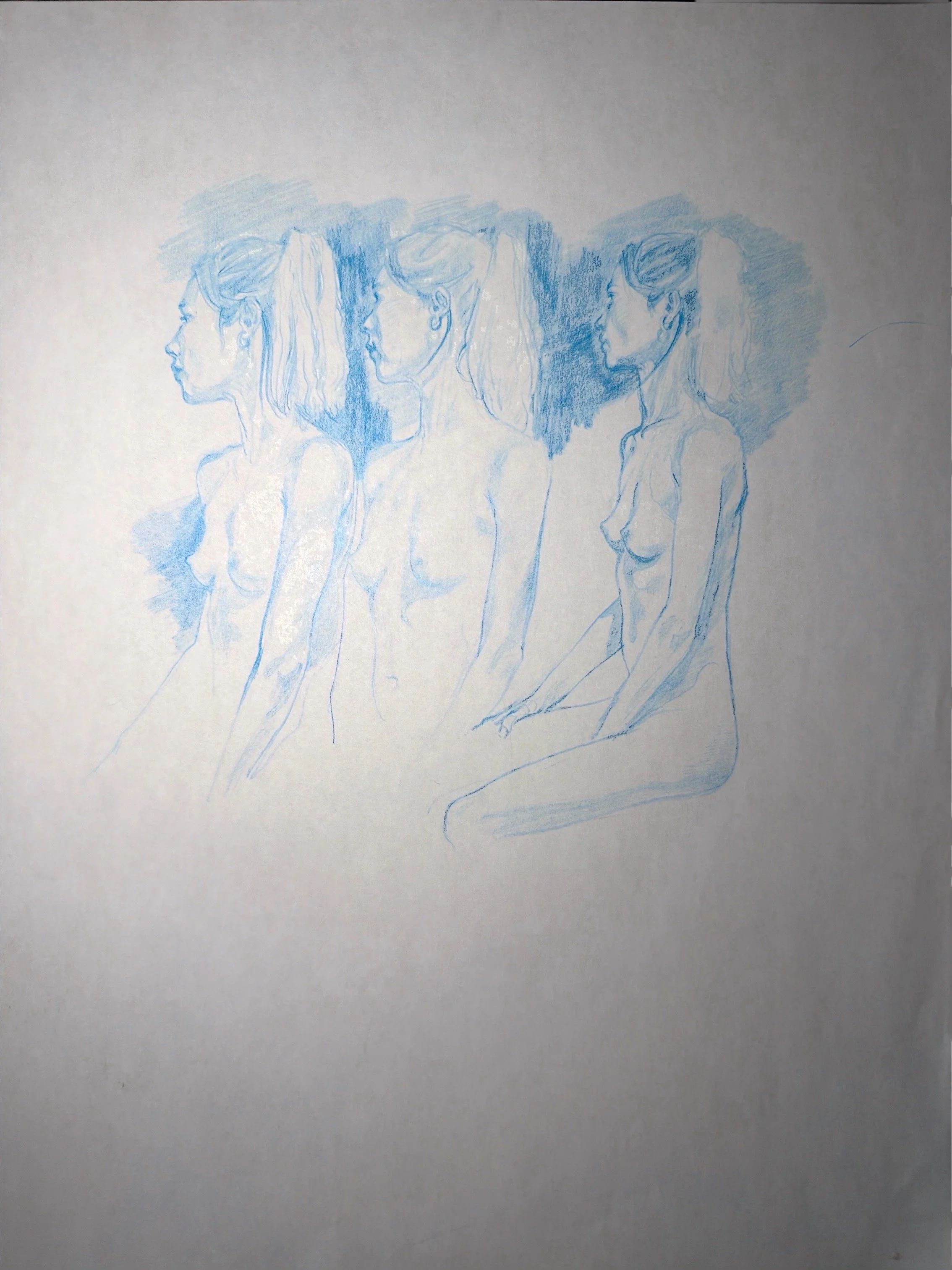 Sketch of three women in profile view with different hairstyles, drawn in blue pencil on white paper.