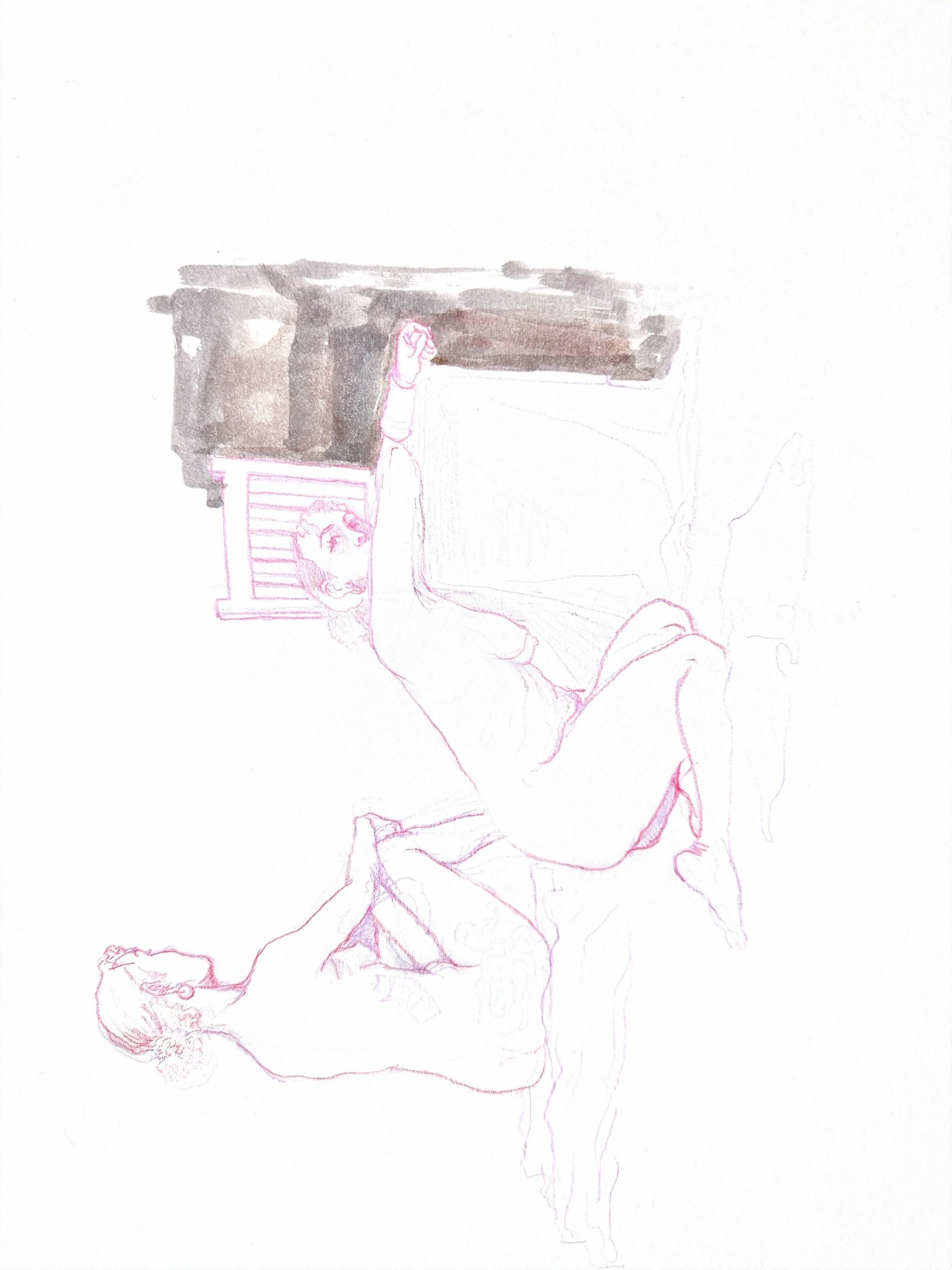A faint sketch of a person lying on the ground with a tree branch in the background.