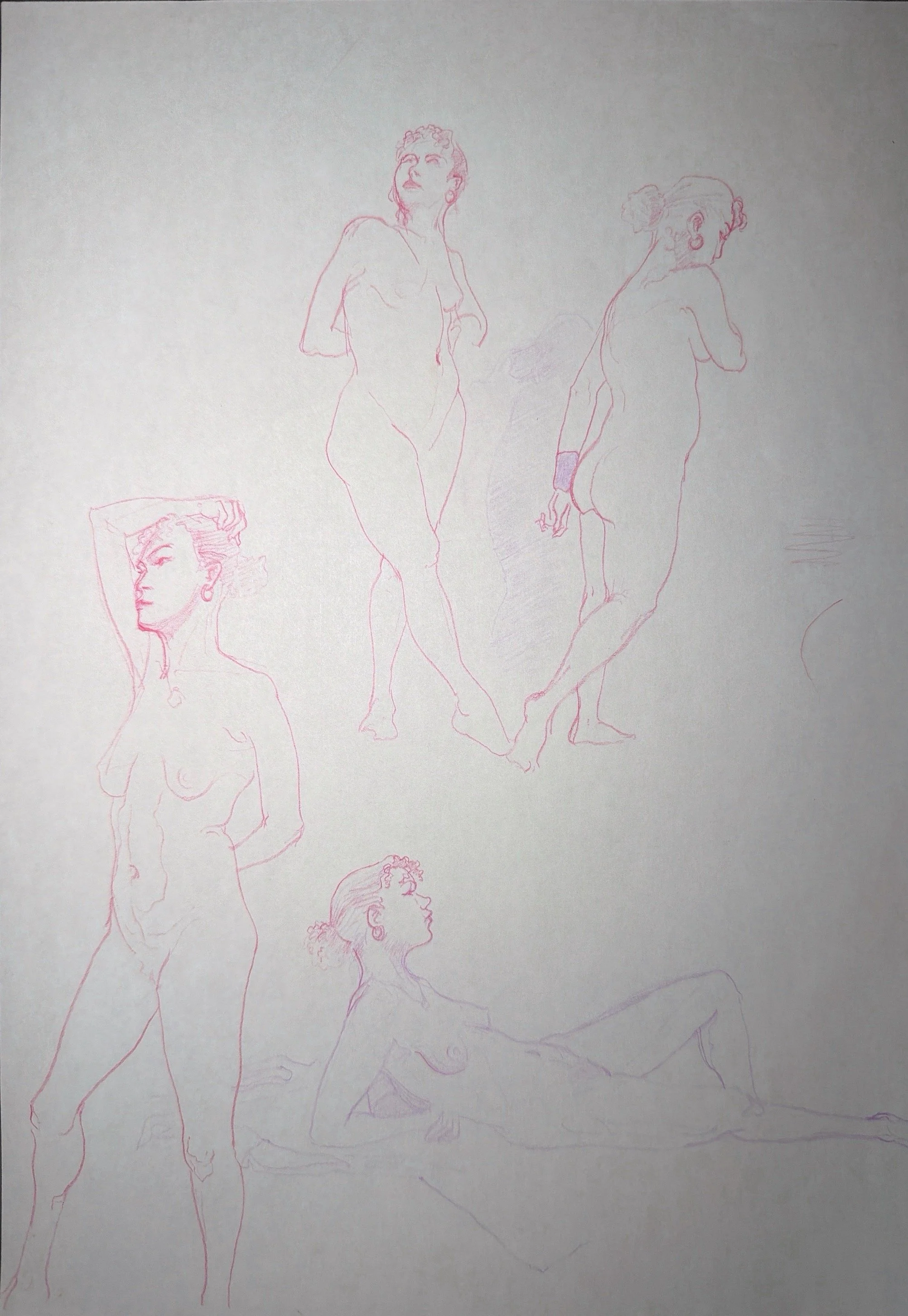 Sketch of multiple female nude figures in different poses on white paper, drawn with light red and purple lines.