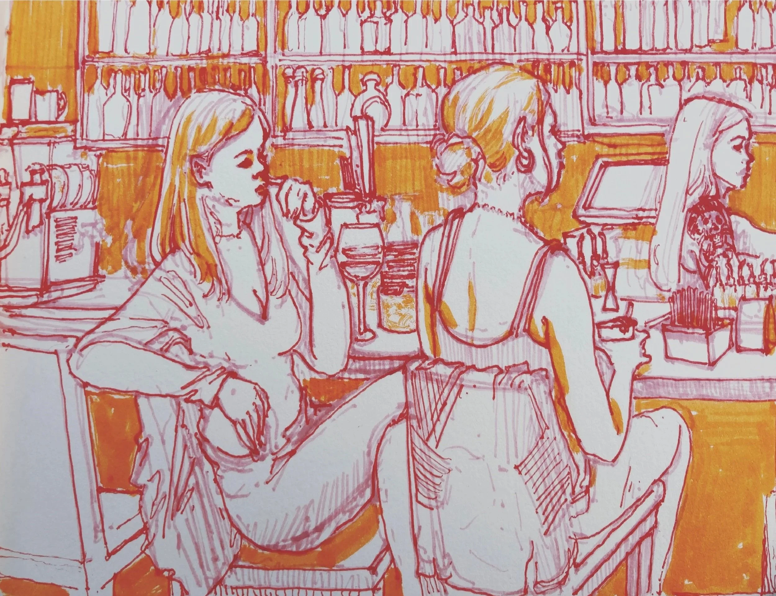 Sketch of a bar scene with four women, two sitting and two standing, inside a bar with shelves of bottles in the background.