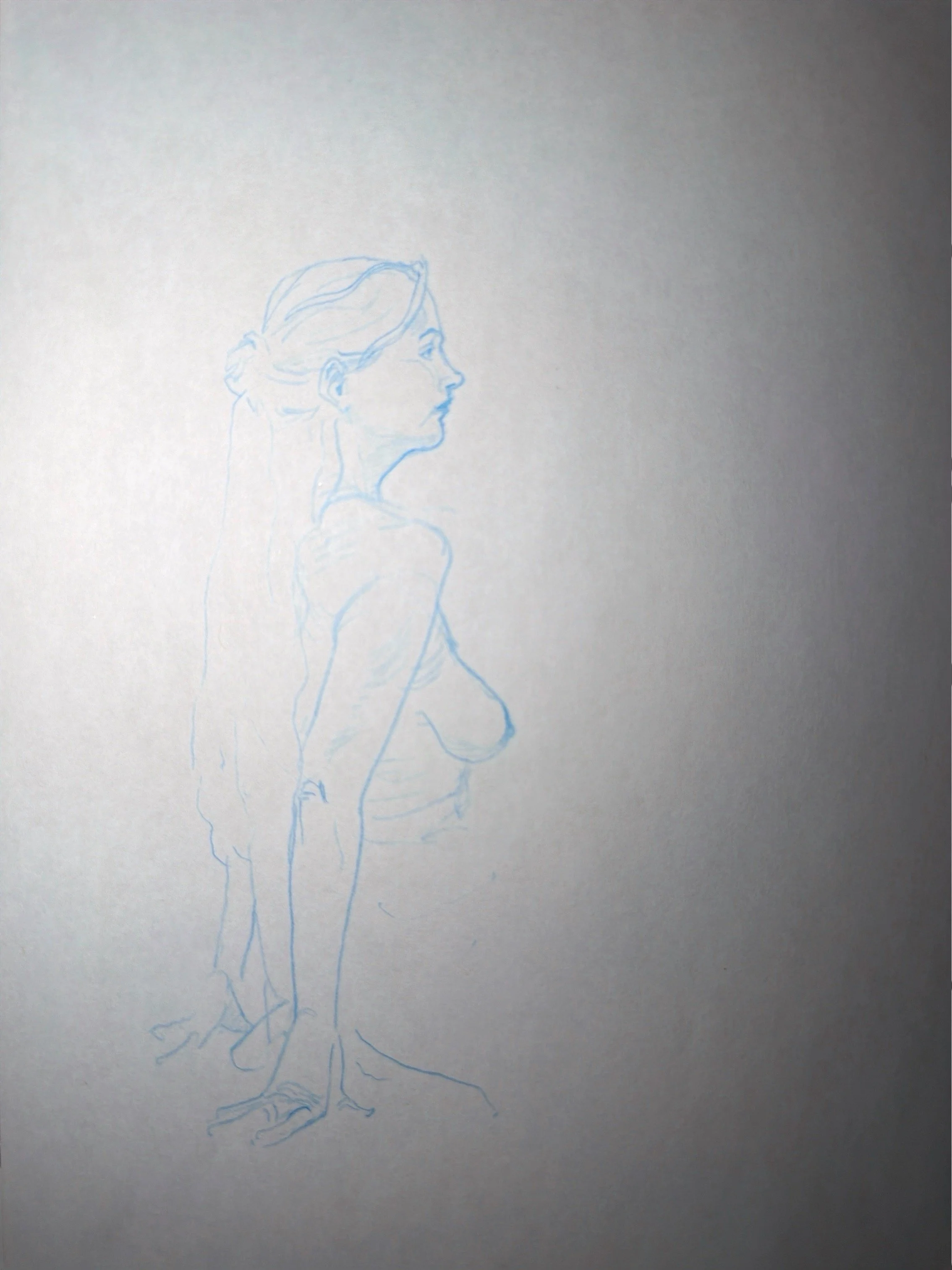 A light blue pencil sketch of a woman in profile view with her hair tied back, drawn on white paper.