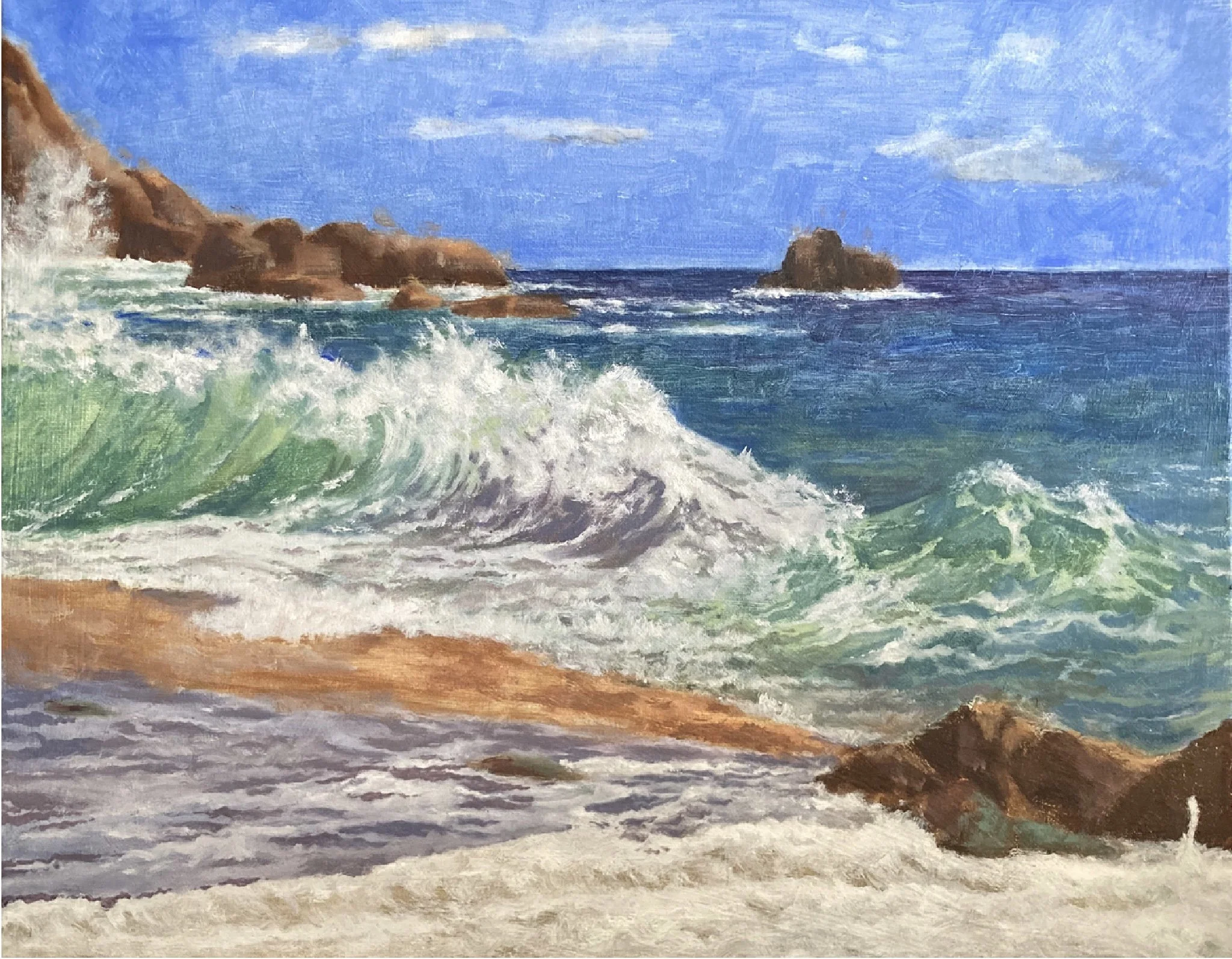 A colorful watercolor painting of a beach scene with waves crashing on the shore, rocks in the water, and a blue sky with a few clouds.