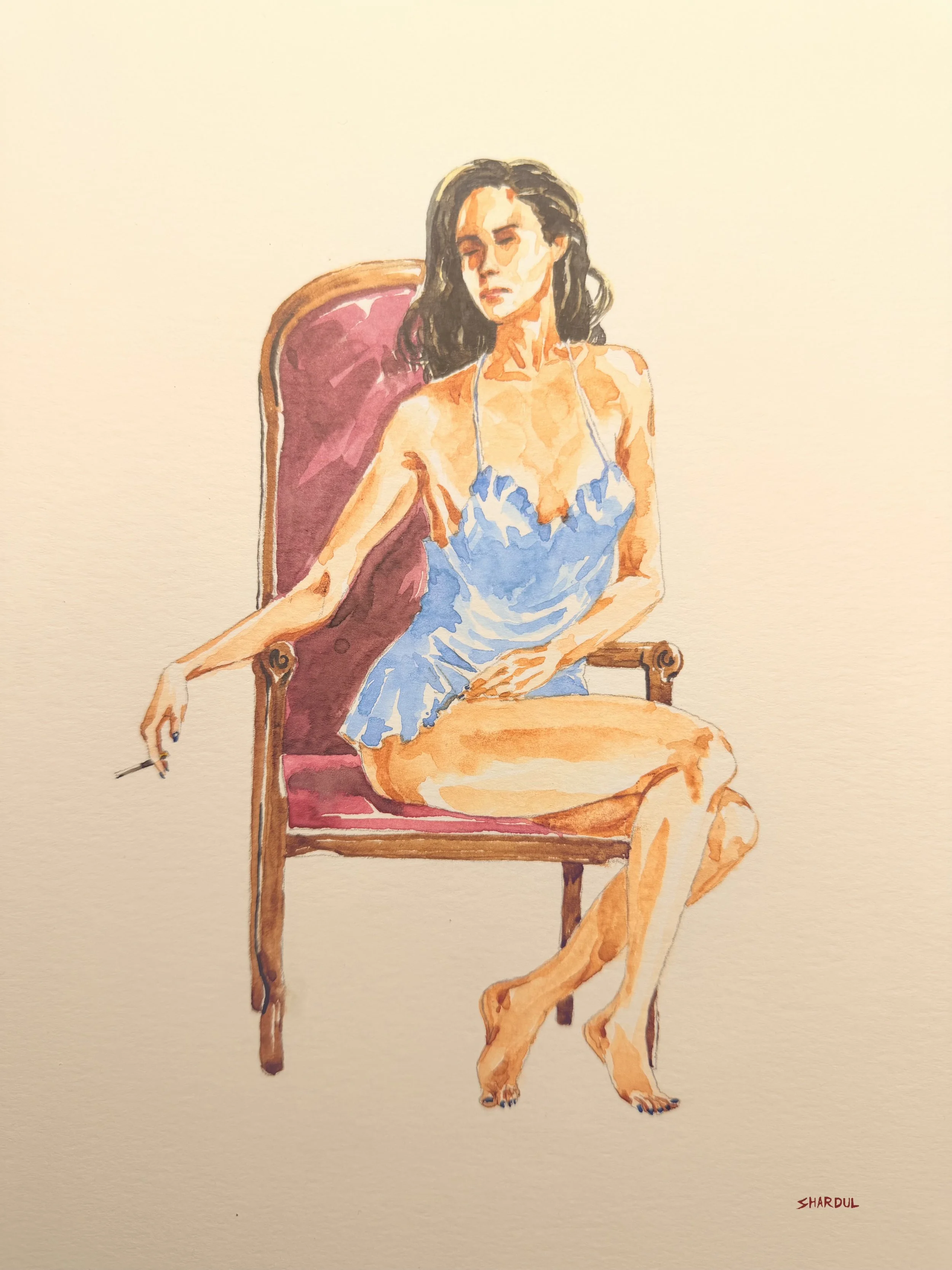 Watercolor painting of a woman sitting on a chair. She has dark hair, is wearing a blue dress, and has a relaxed, confident posture.