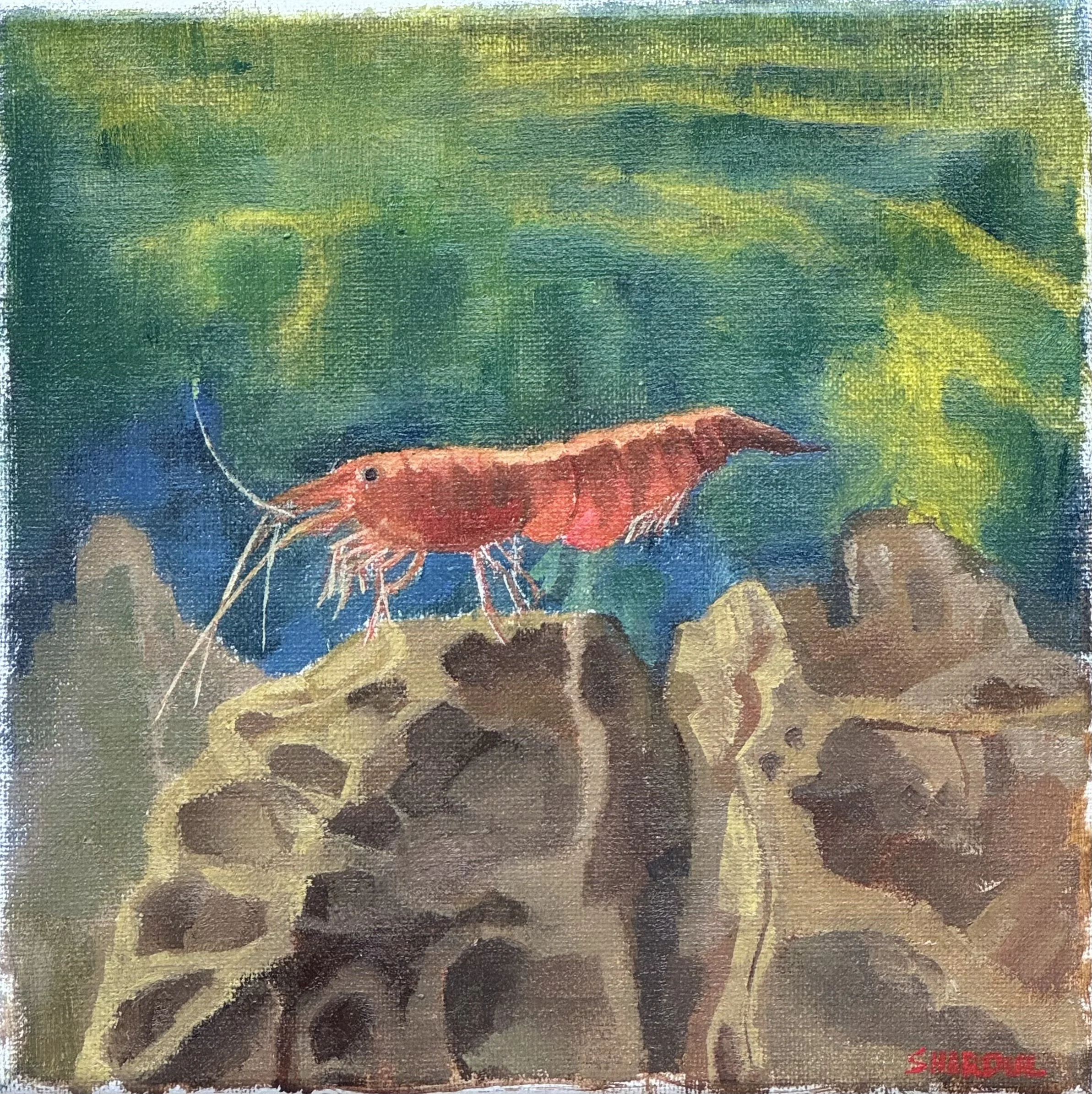 Abstract watercolor painting of a shrimp with dominant green and brown hues, textured with visible brushstrokes and blending of colors.
