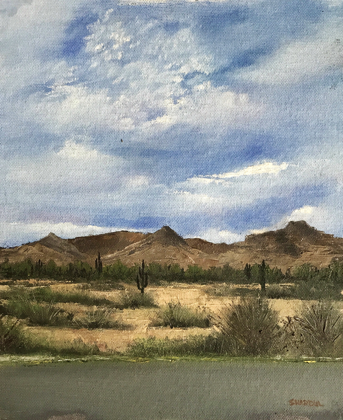 A watercolor painting of a desert landscape with mountains, green bushes, and a blue sky with white clouds.