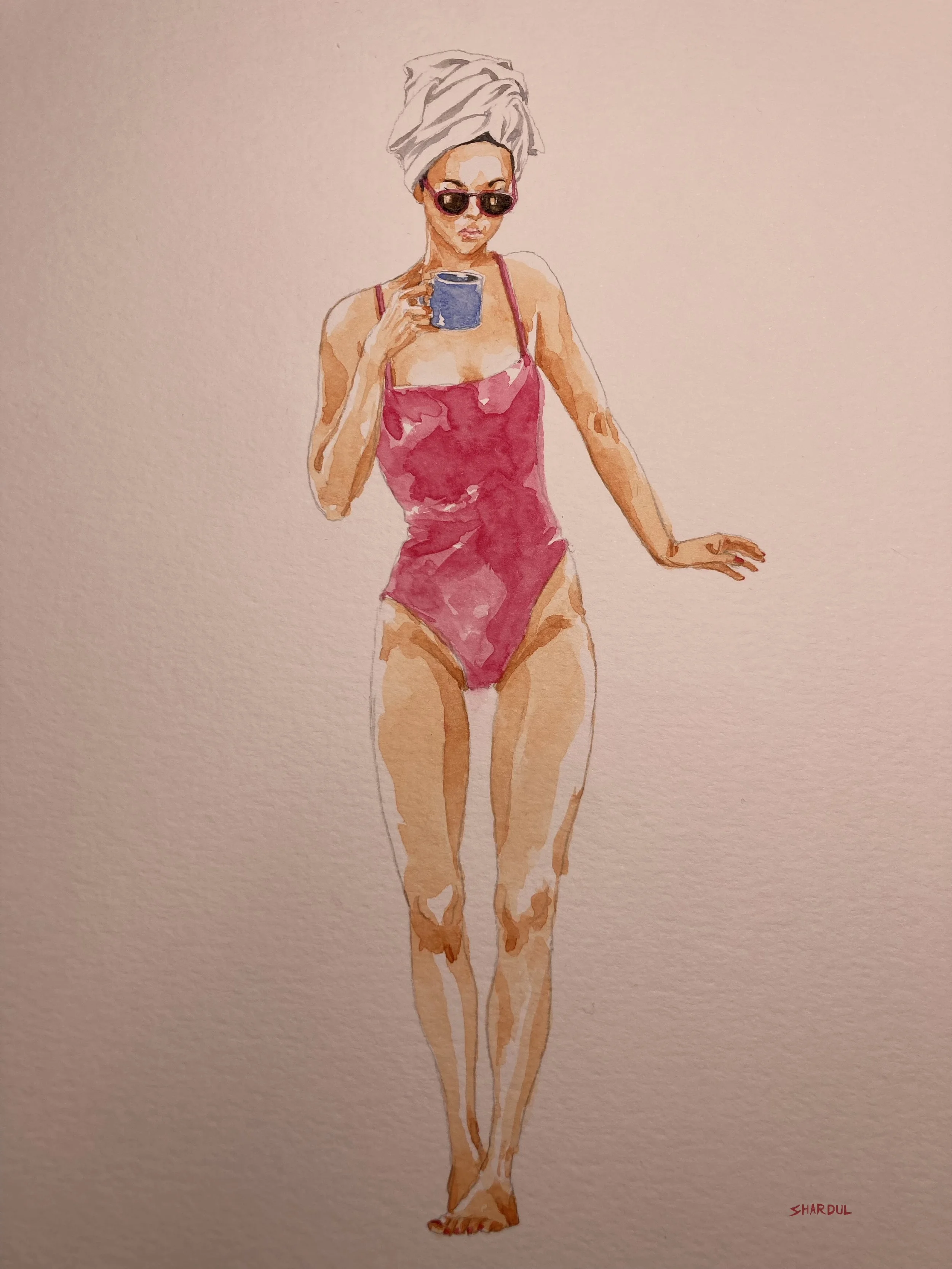 Watercolor illustration of a woman in a pink swimsuit with a towel wrapped around her head, sunglasses, holding a blue cup, standing against a plain background.
