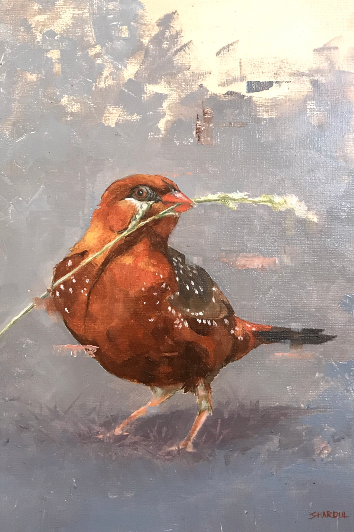 Painting of a bird with brown and white feathers, holding a green plant in its beak, standing on a grey surface, with a blurred background of abstract shapes and colors.