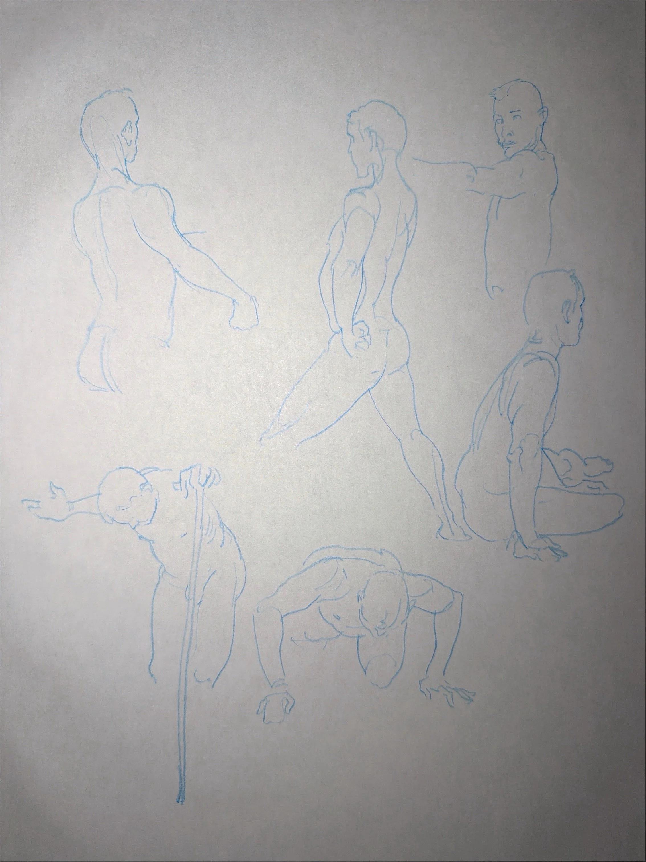 Sketch of several human figures in various poses on paper with blue pen lines.