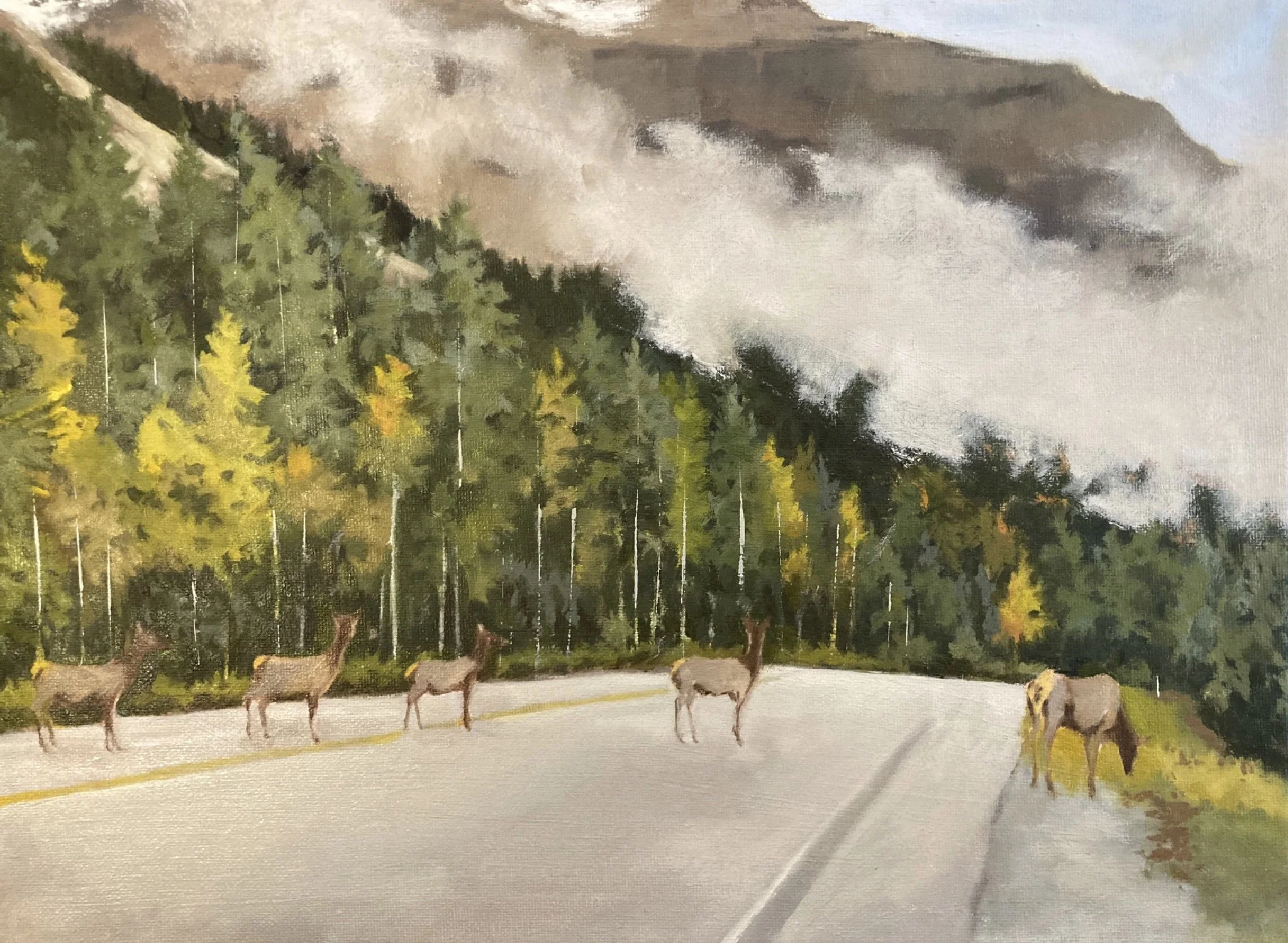 A painting of a forest with tall trees, some yellow leaves, and a mountain in the background. In the foreground, several deer are walking on a road.