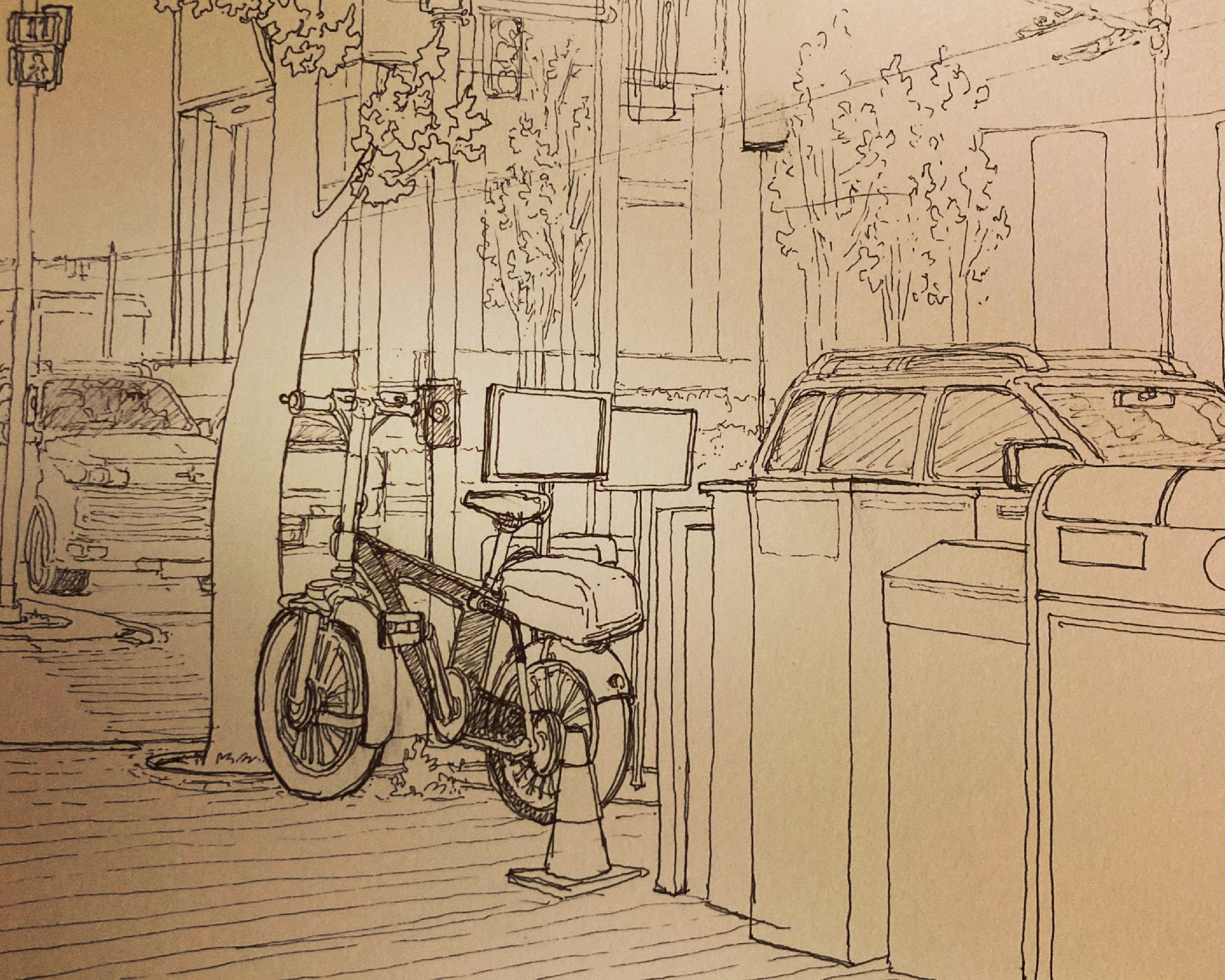 A sketch of an urban scene with parked cars, a bicycle, trees, street lamps, and buildings.