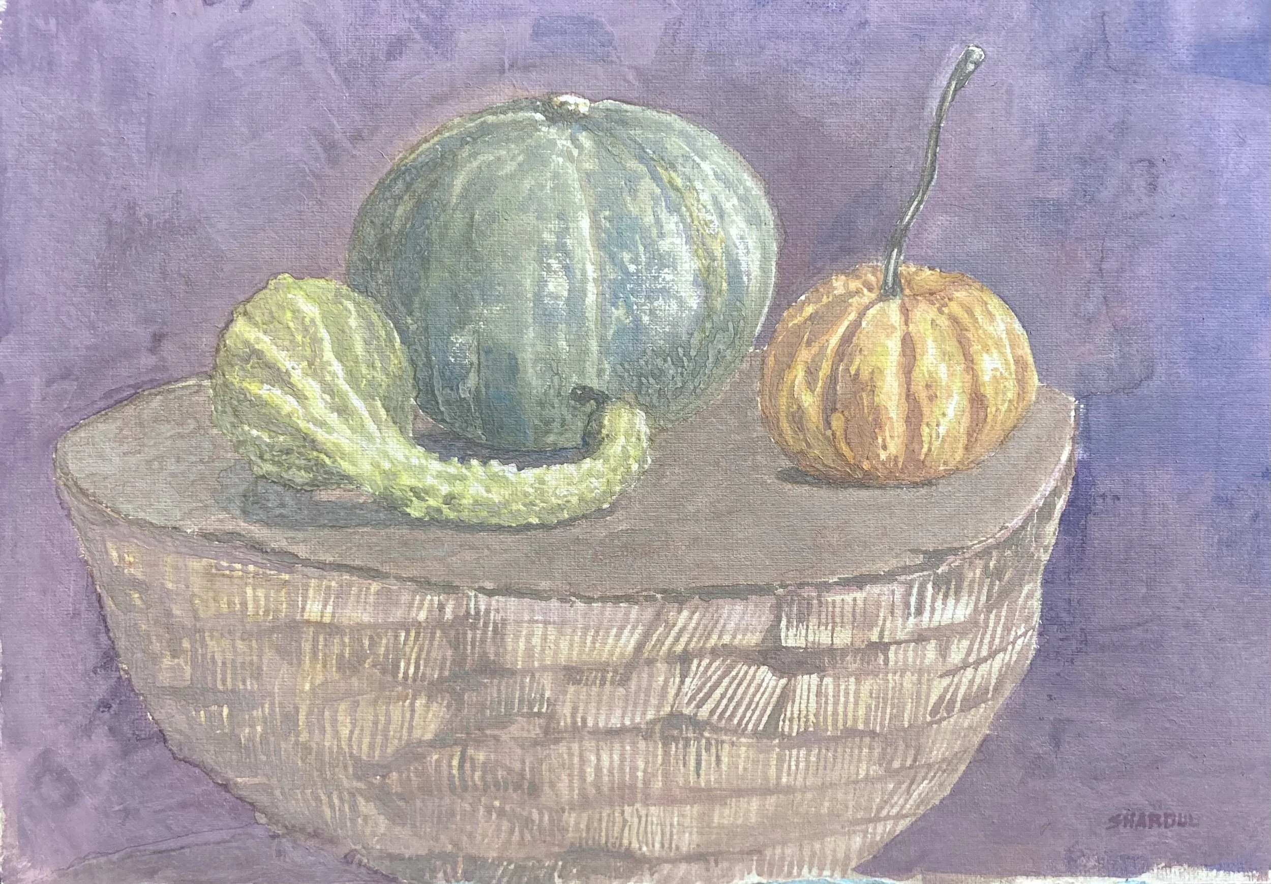 A still life painting of three gourds on a woven basket, with a purple background.
