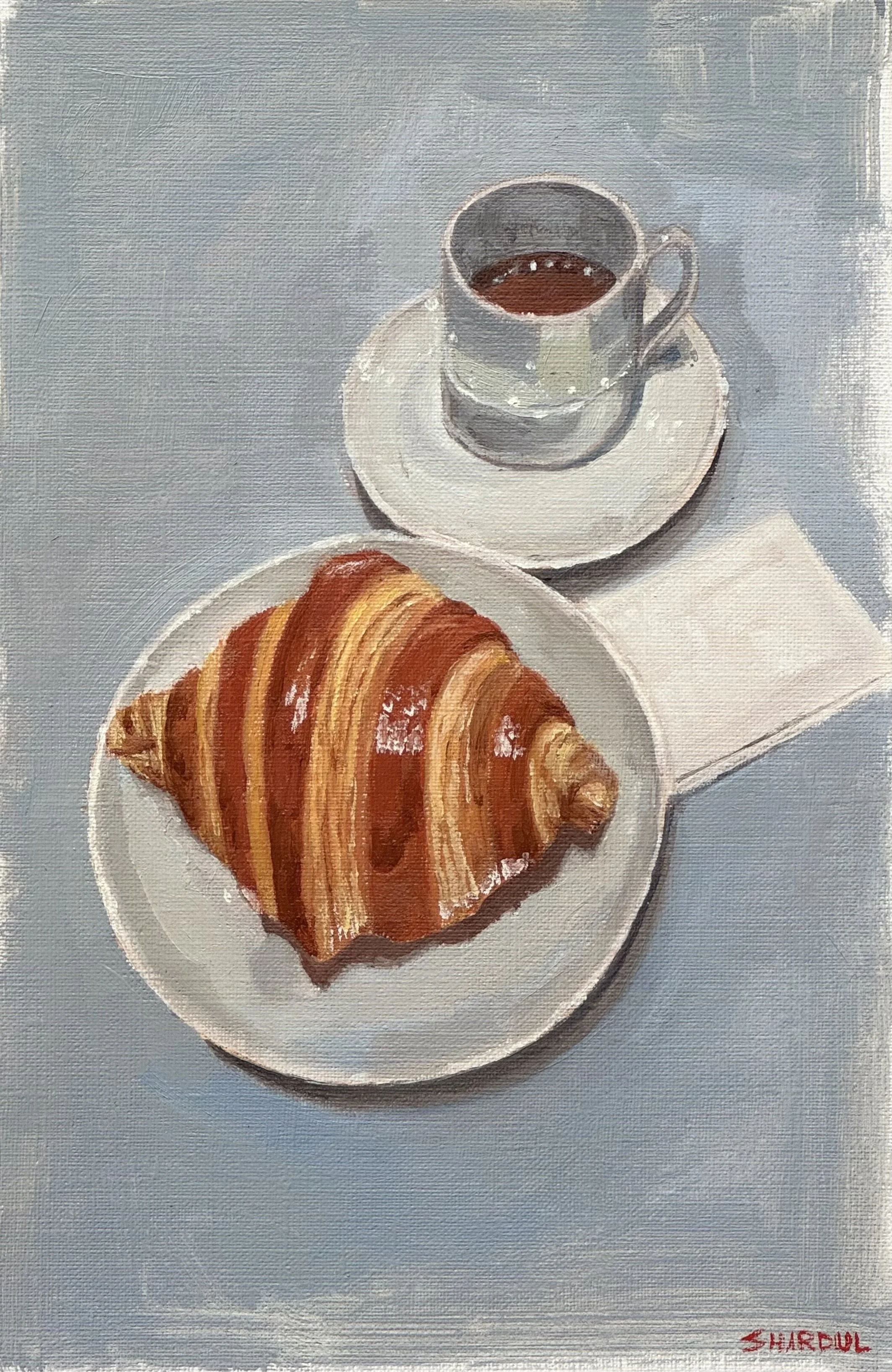 A painting of a cup of coffee and a croissant on a plate on a table with a blue tablecloth, signed by Shardul.
