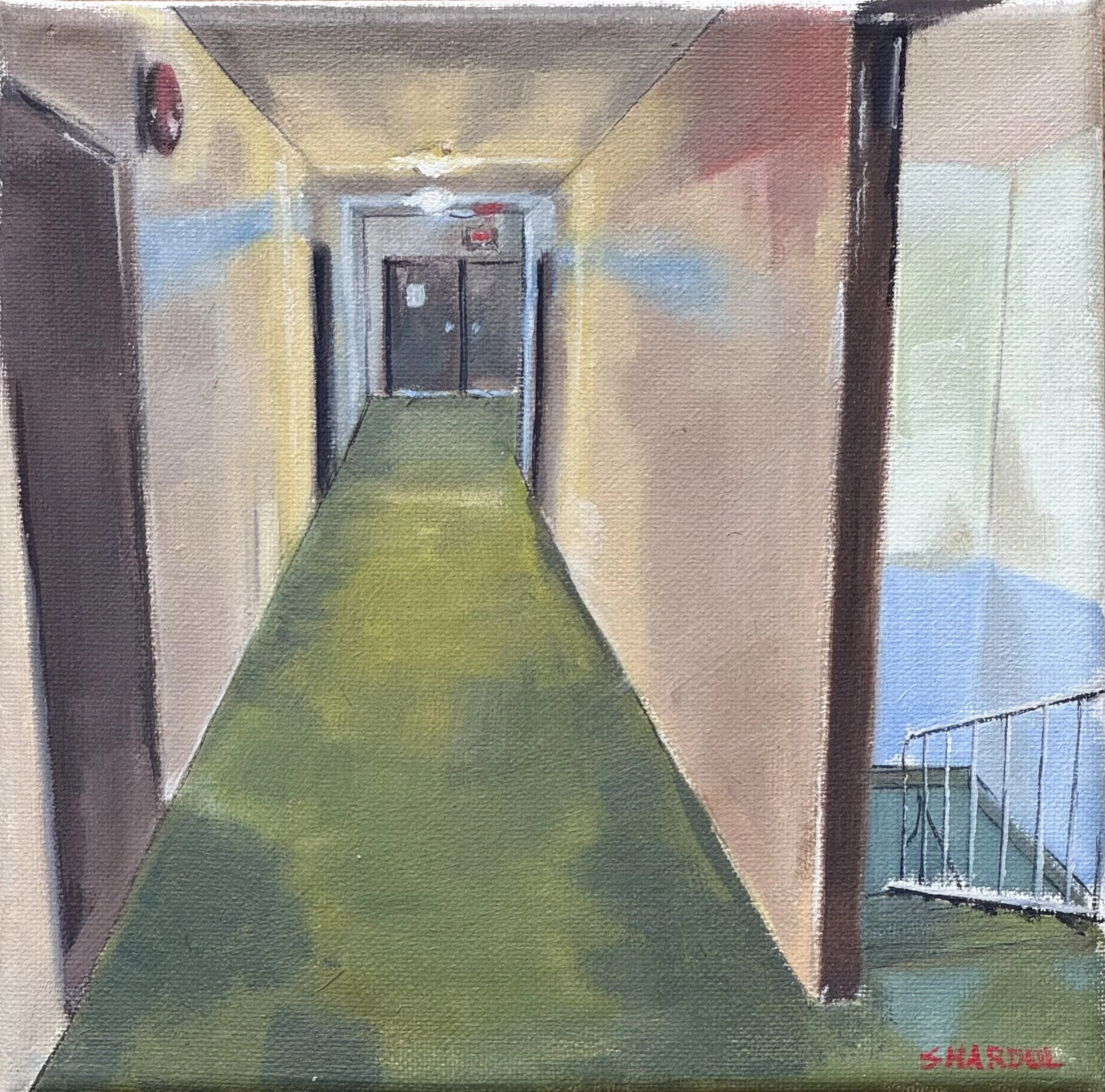 Painting of a hallway with yellow walls, a green carpet, and a pair of double doors at the end, with a small red signature reading 'SHARON' in the bottom right corner.