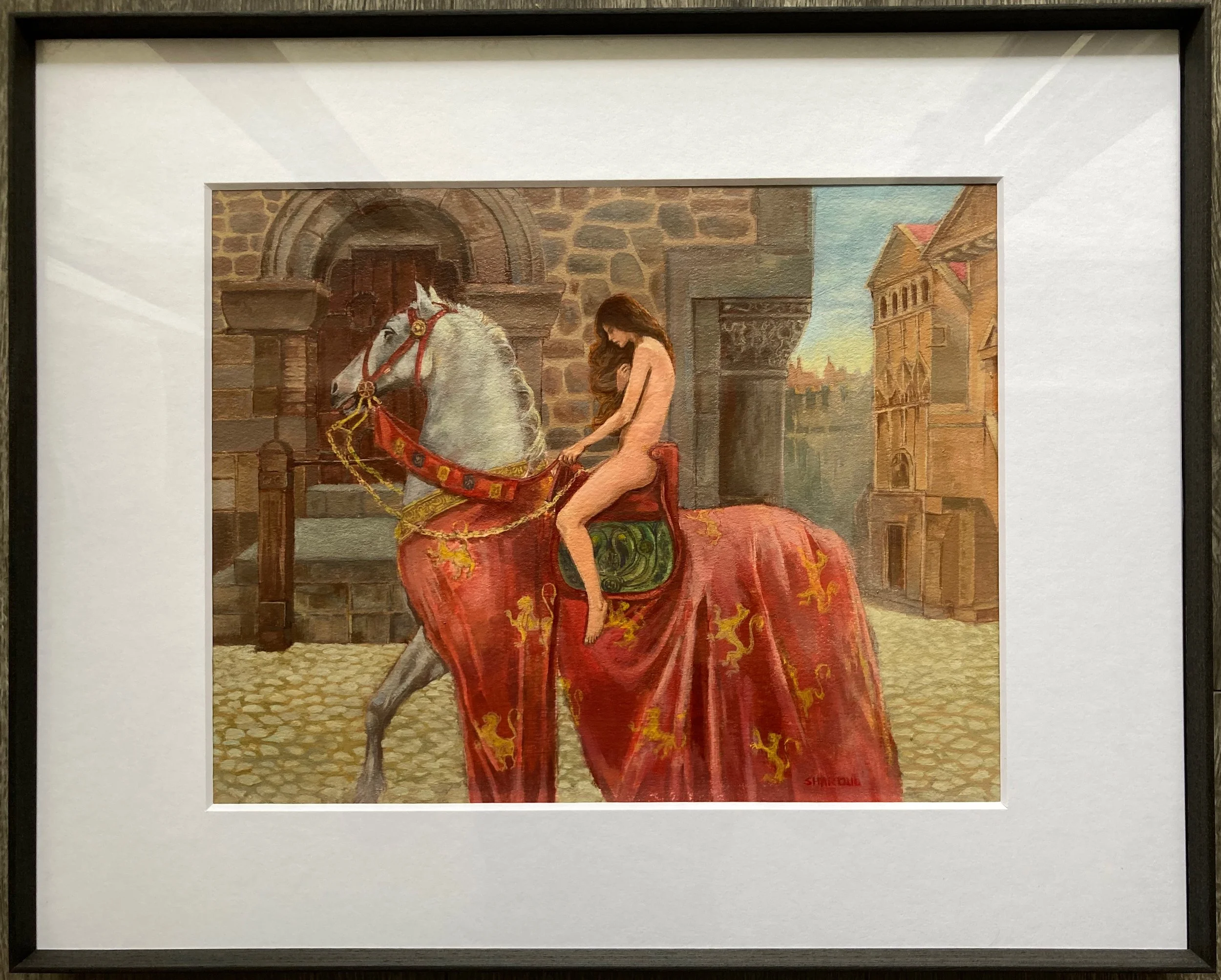 A painting depicting a woman with long brown hair sitting on a red and gold ornate cloth draped over a bench, with a white horse adorned with a red bridle and decorative gold accents, set against a background of a stone building with an arched doorway and a cityscape with tall buildings and trees in the distance.